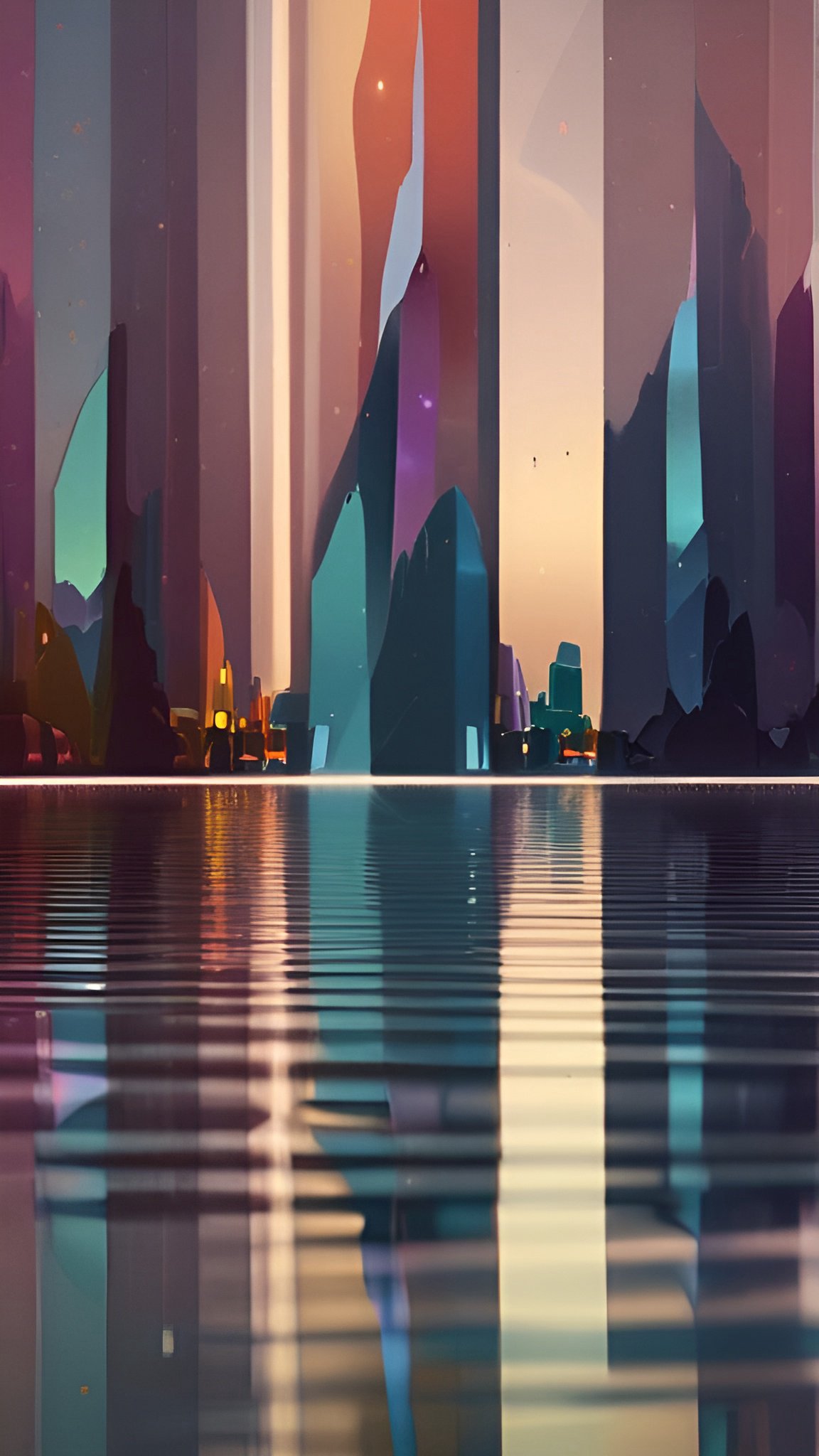 Abstract art of a colorful city skyline reflected in still water