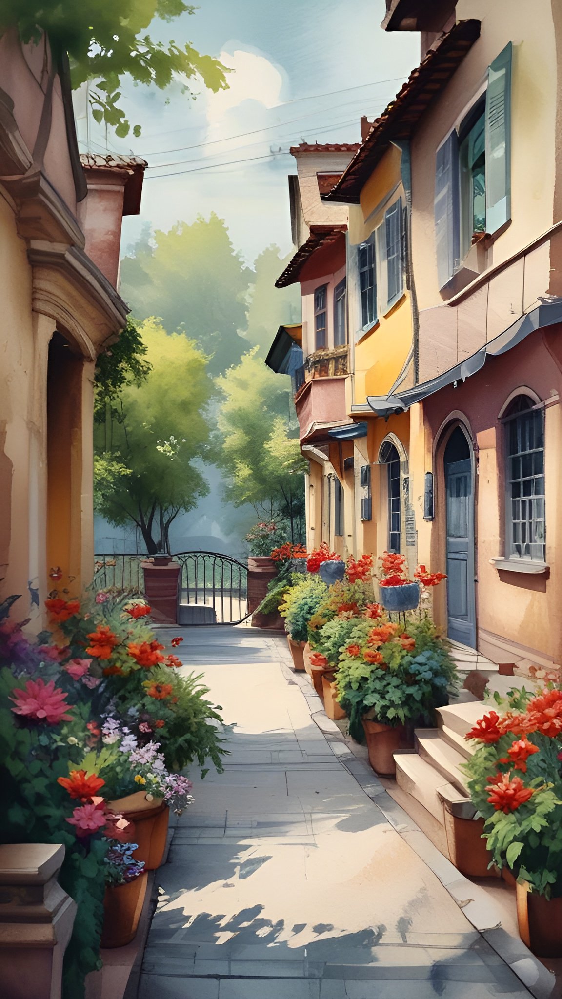Artistic photograph of sunny narrow italian style alley with colorful buildings and potted flowers