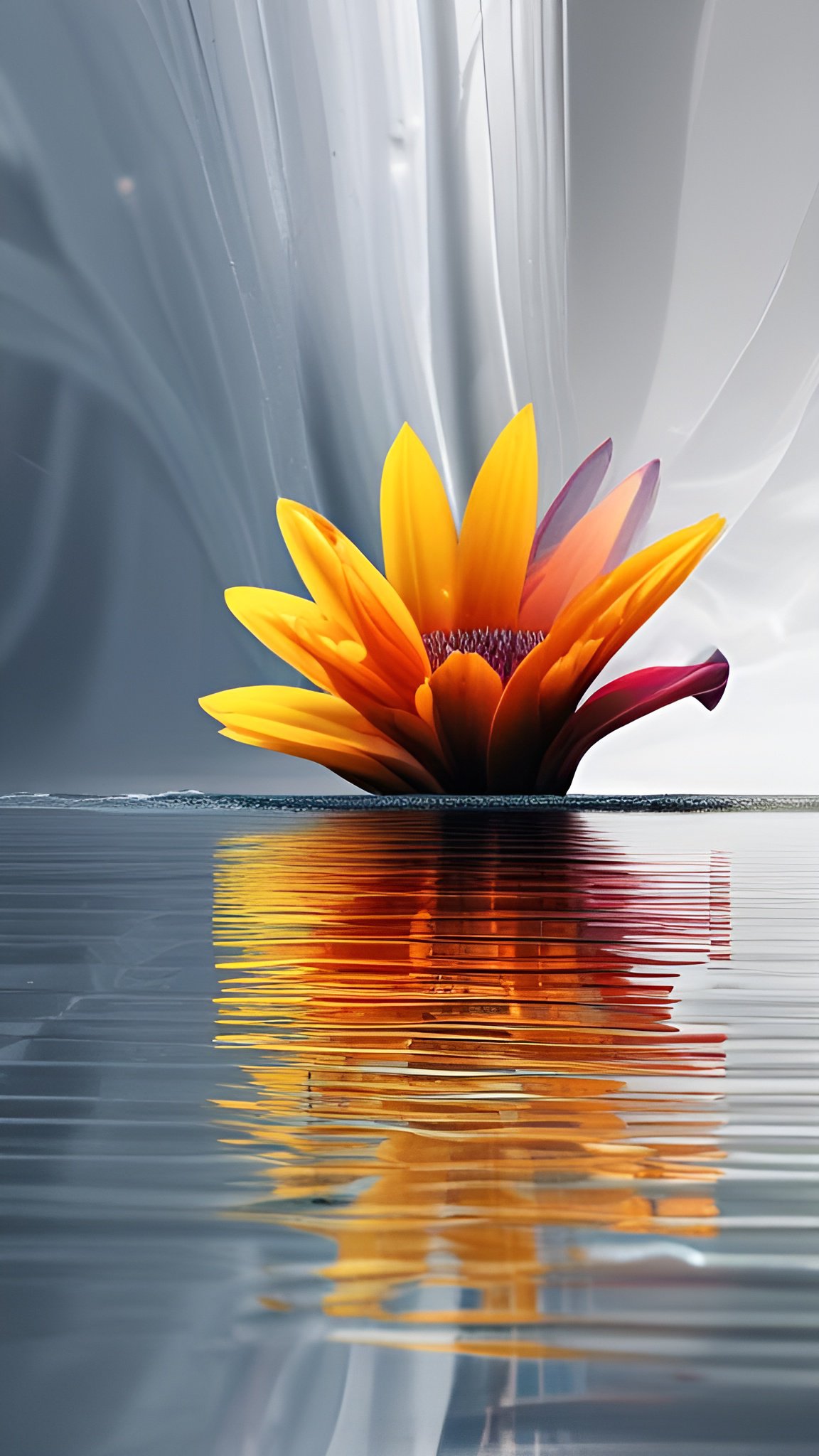 Vibrant yellow and orange flower floating on calm water with a mirror reflection
