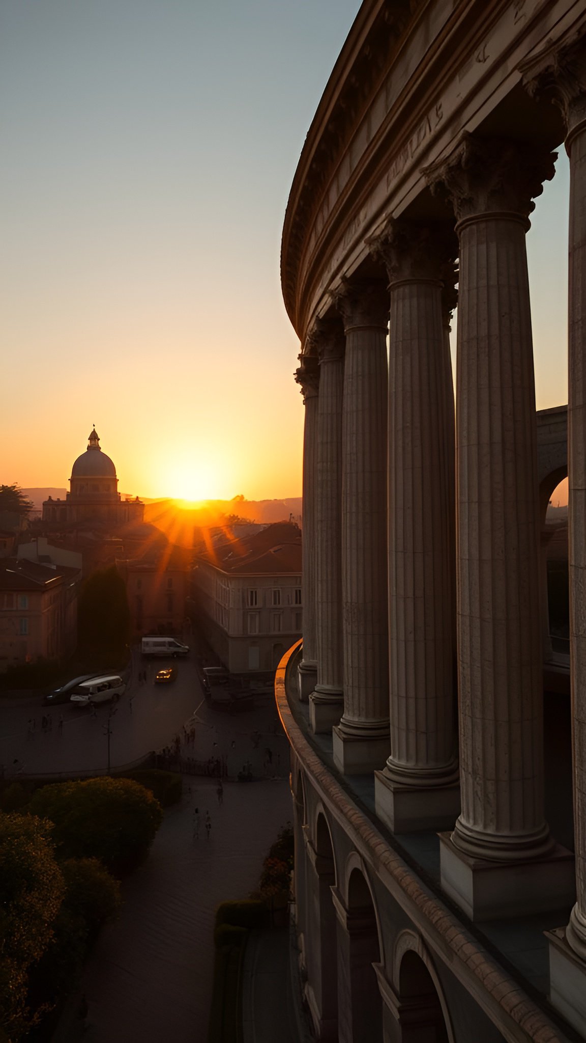 Row of columns framing sunset over dome and city landscape below