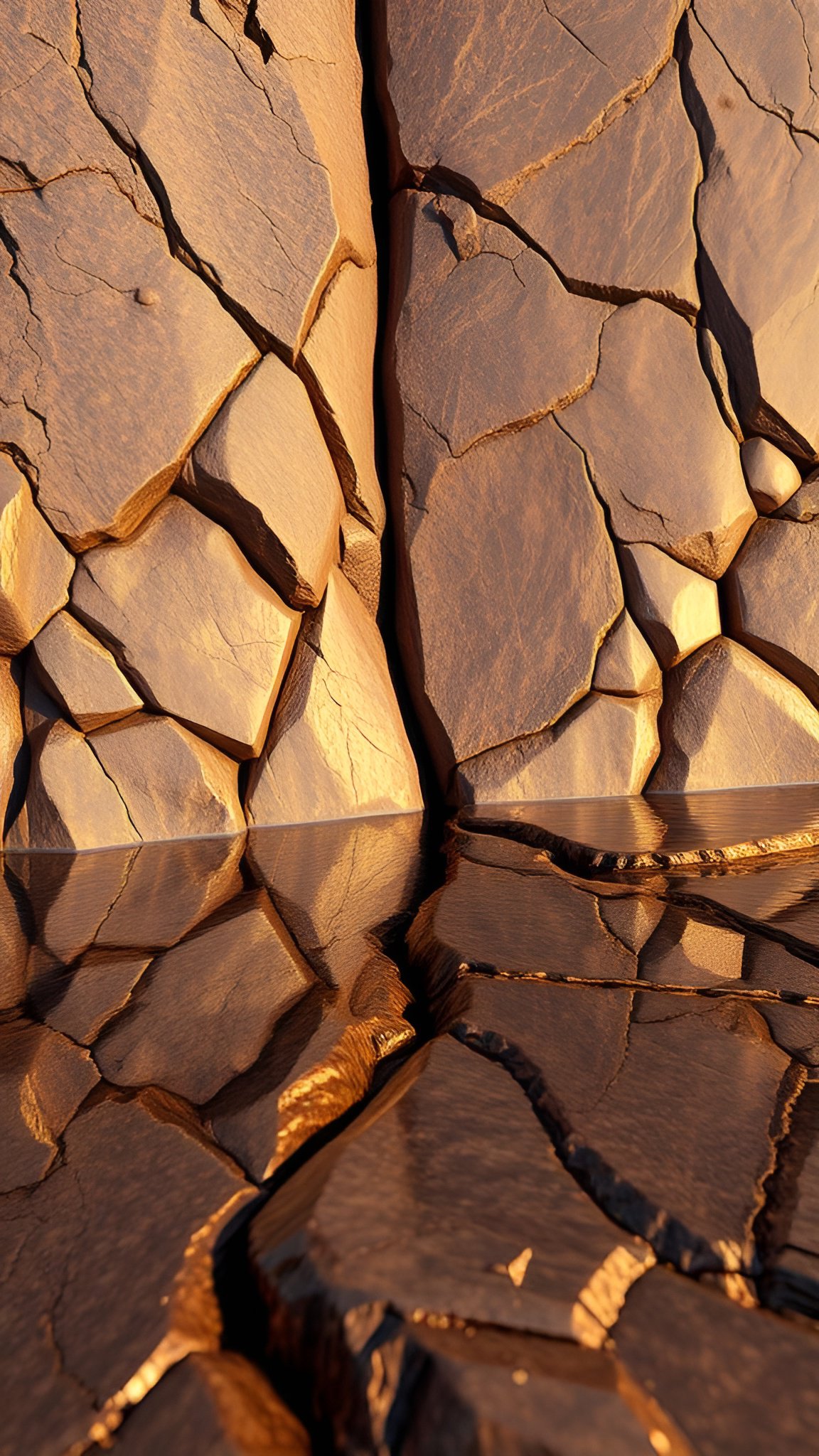 A 3d poster art of a cracked gold stone wall meeting still water with warm light on the rock faces