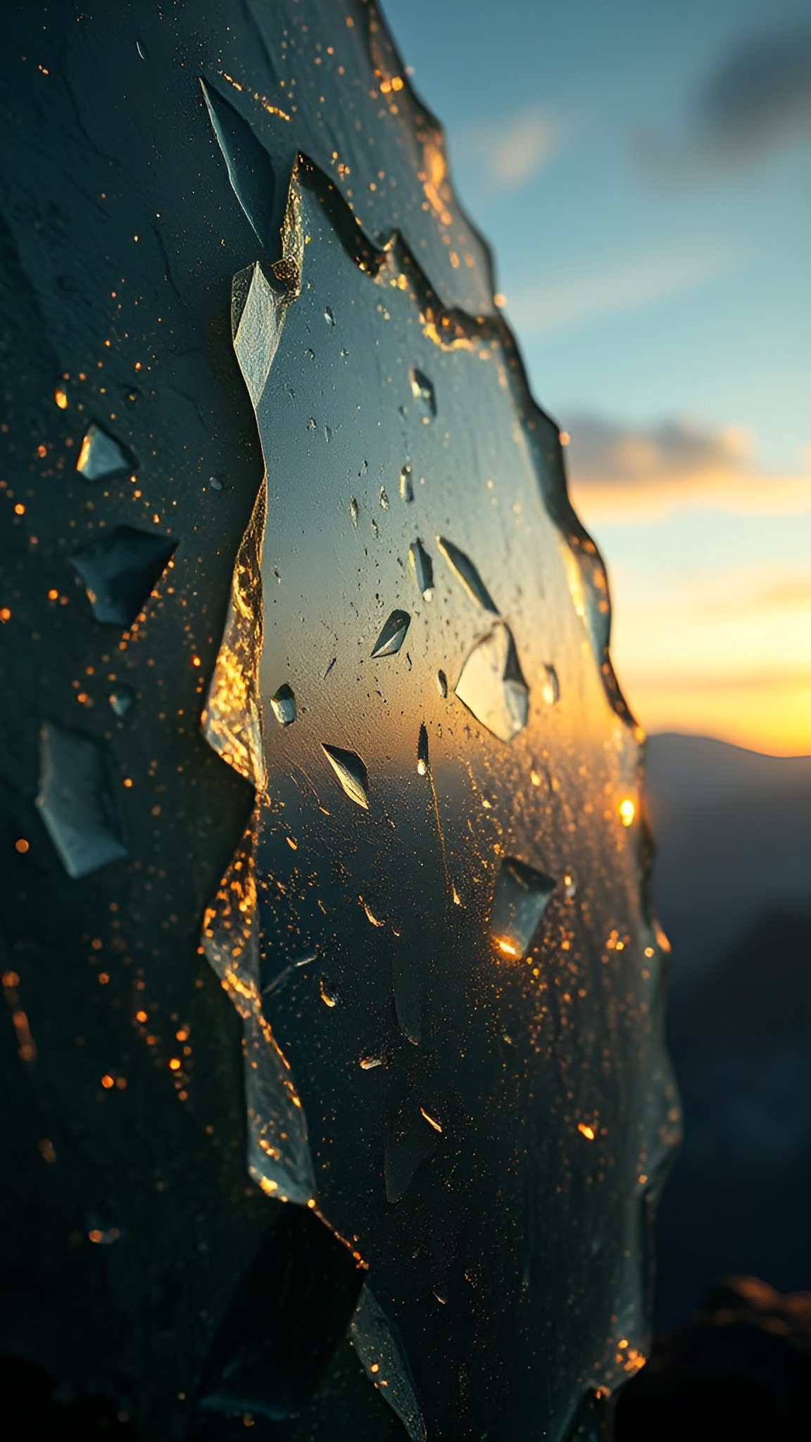 Photo close-up of cracked dark teal ice with golden sparkles and a sunset sky