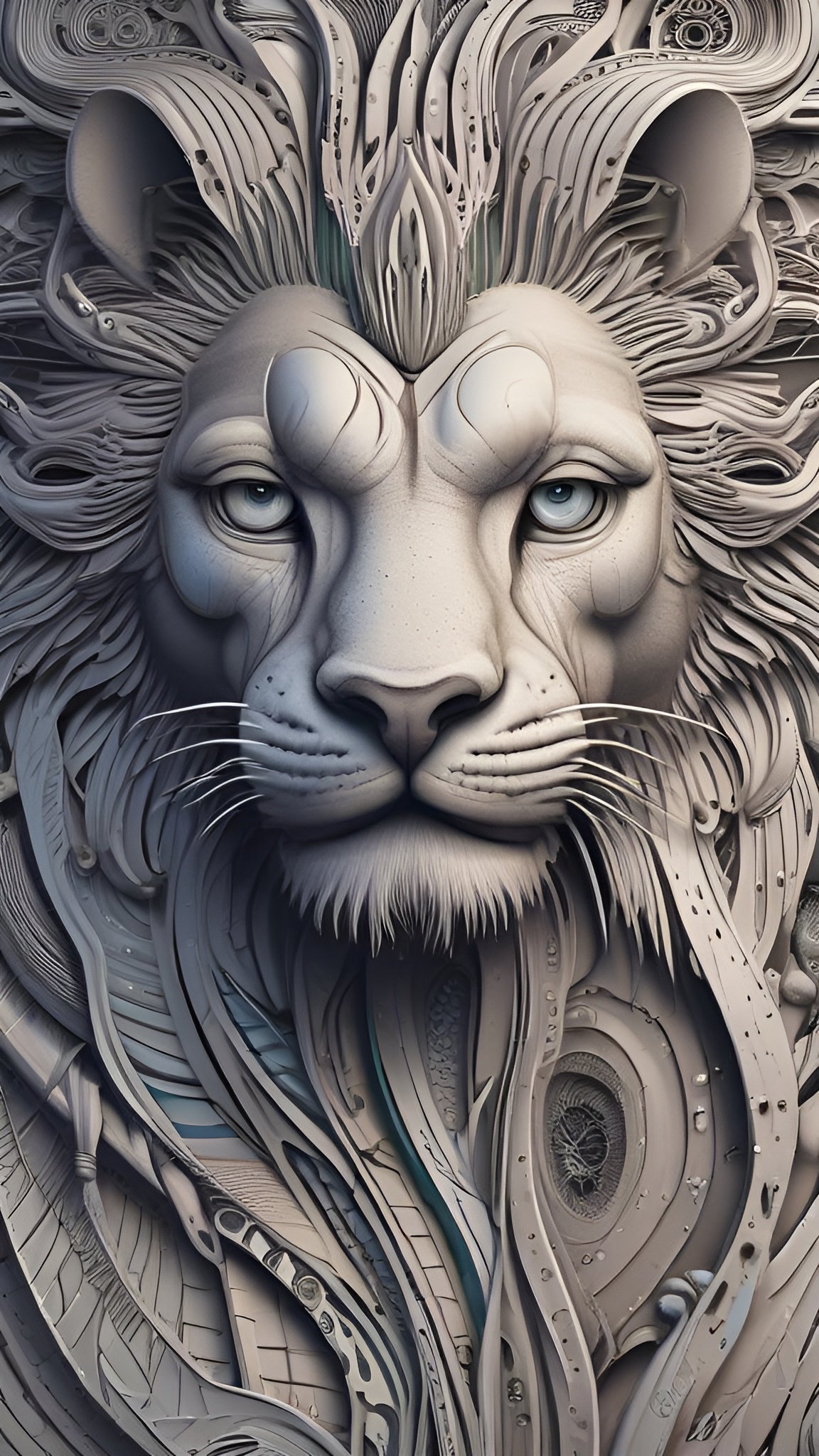 Abstract art of a cream lion head with pale blue eyes and a swirling ribbon mane