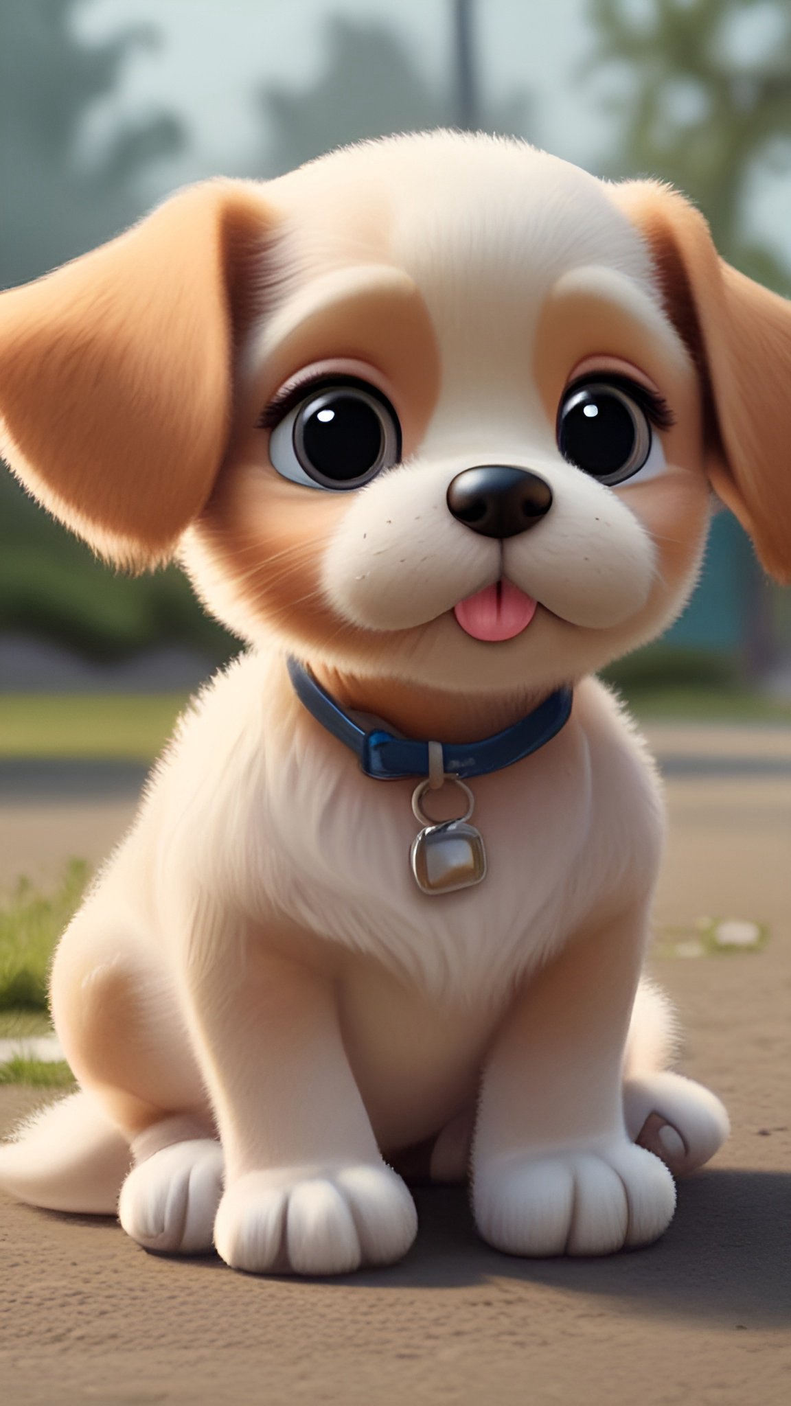 Cartoon of a cream and tan puppy sitting on pavement in a blue collar
