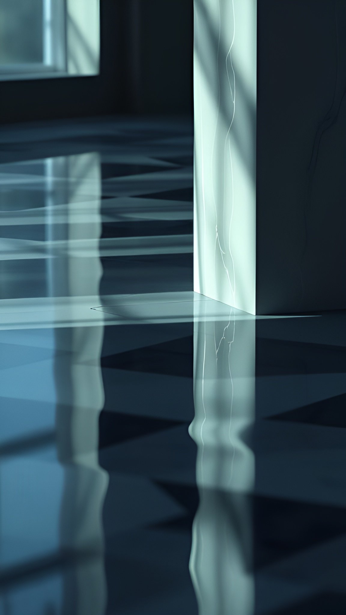Creative photograph of modern minimalist interior with glossy reflective floor and strong light beams