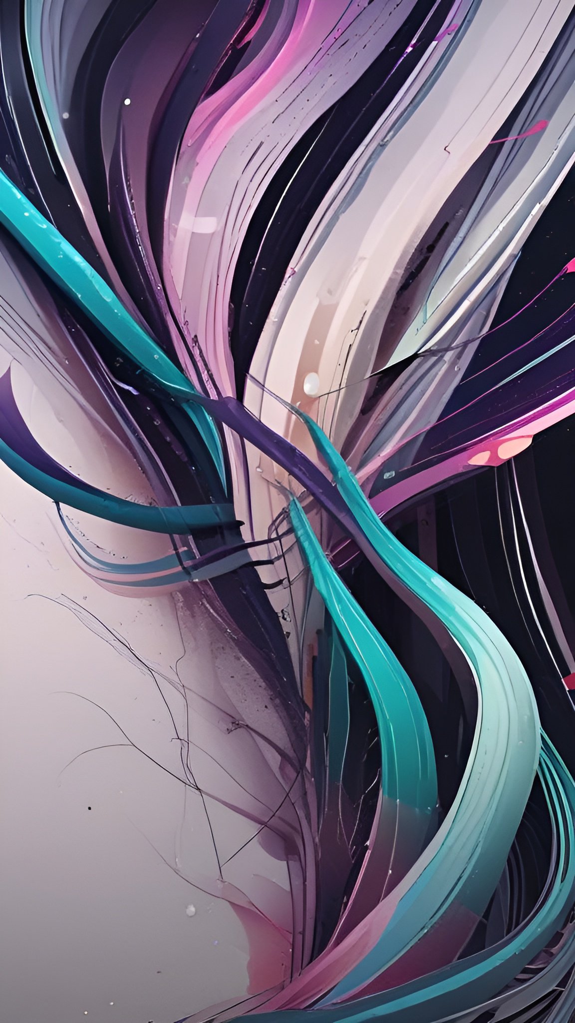 An abstract art of curved paint ribbons in teal violet pink and black on a pale ground
