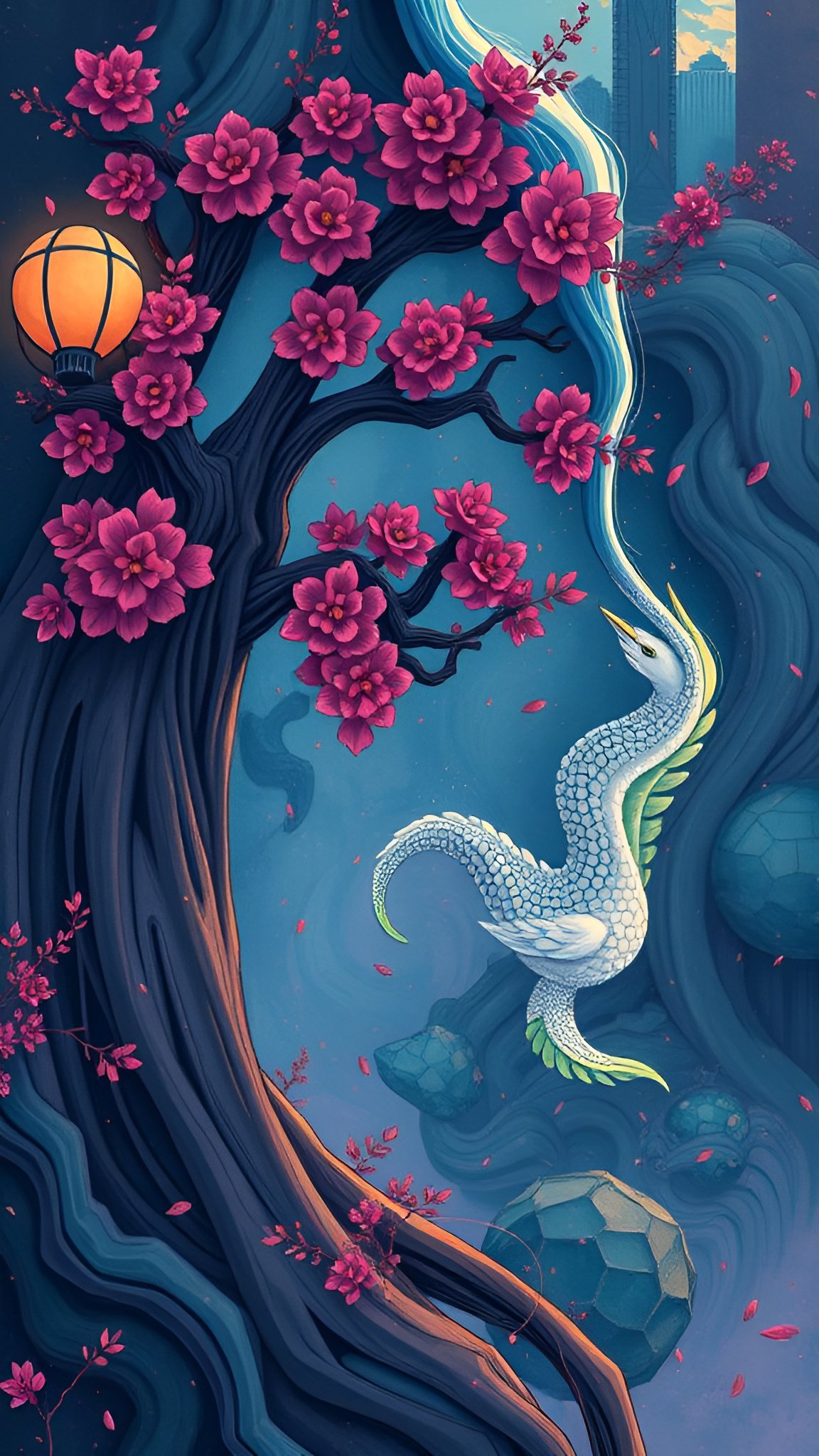 A 3d cartoon poster art of a dark cherry tree with magenta blossoms, an orange paper lantern, and a white scaled dragon bird