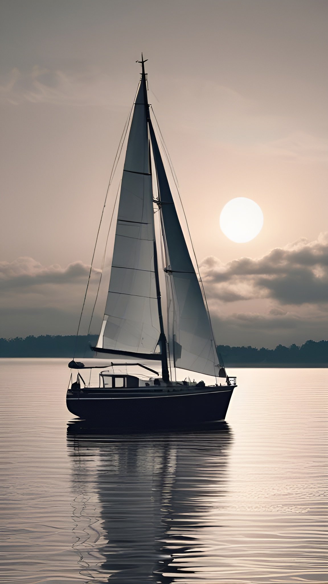 Photo of a dark hulled sailboat with white sails on calm water at sunset