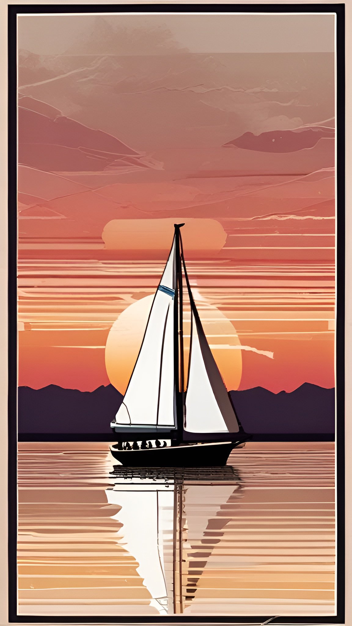 Graphic painting of a dark hulled sailboat with white sails on striped water at sunset