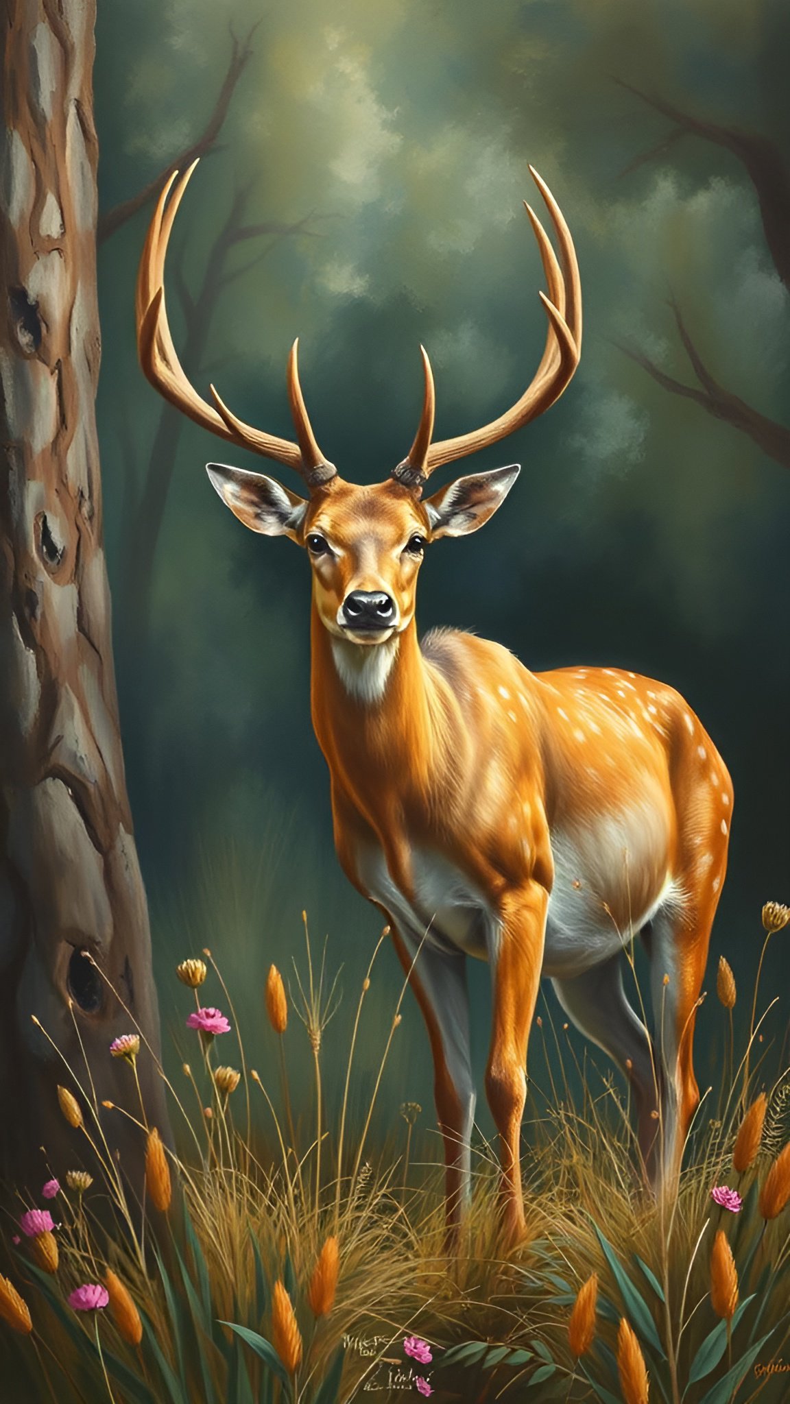 Majestic deer with large antlers in misty golden-hour forest