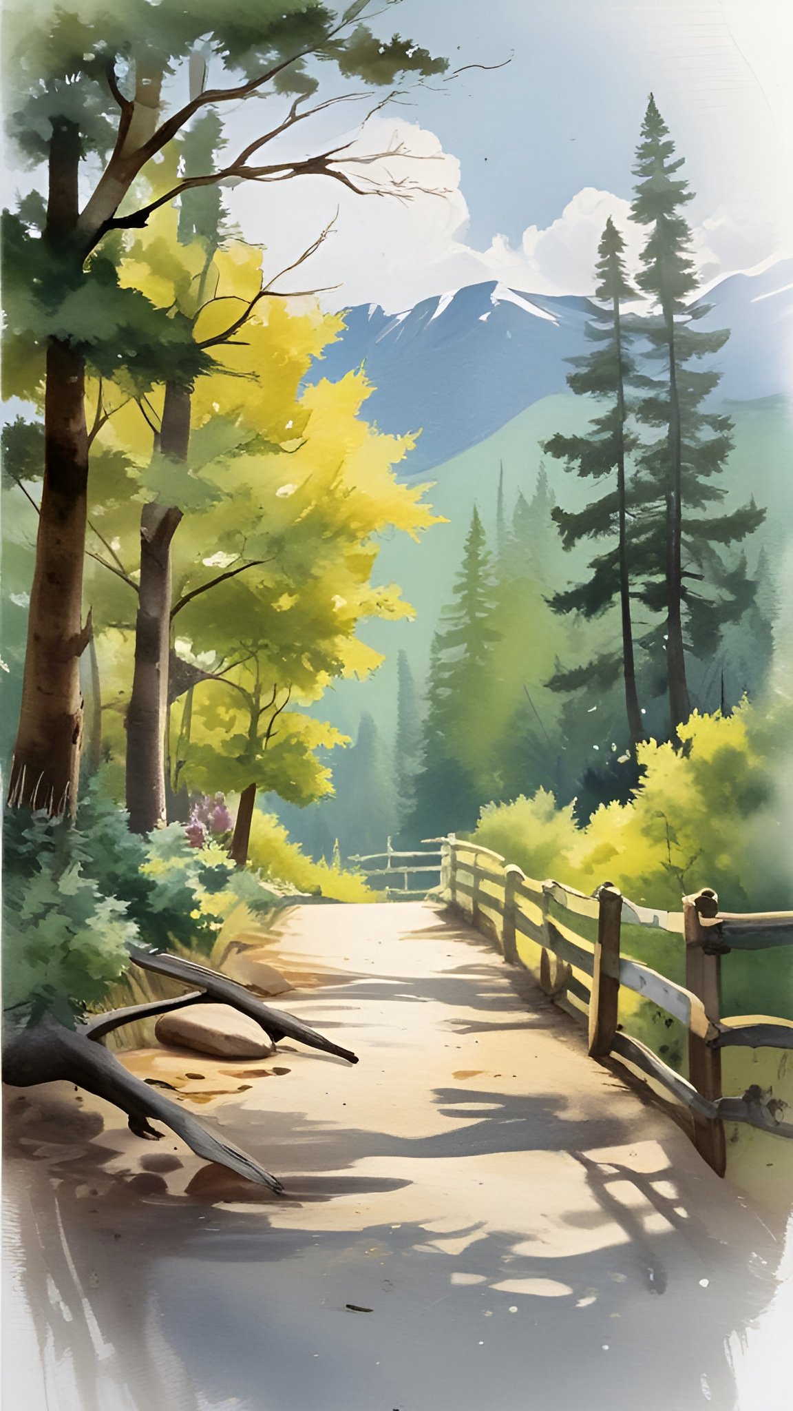Watercolor of a dirt forest path with a wooden rail fence and distant snow-capped mountains