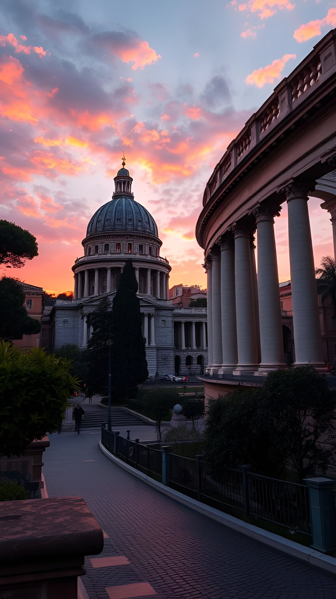 Domed building with columns at sunset along pathway with pine trees