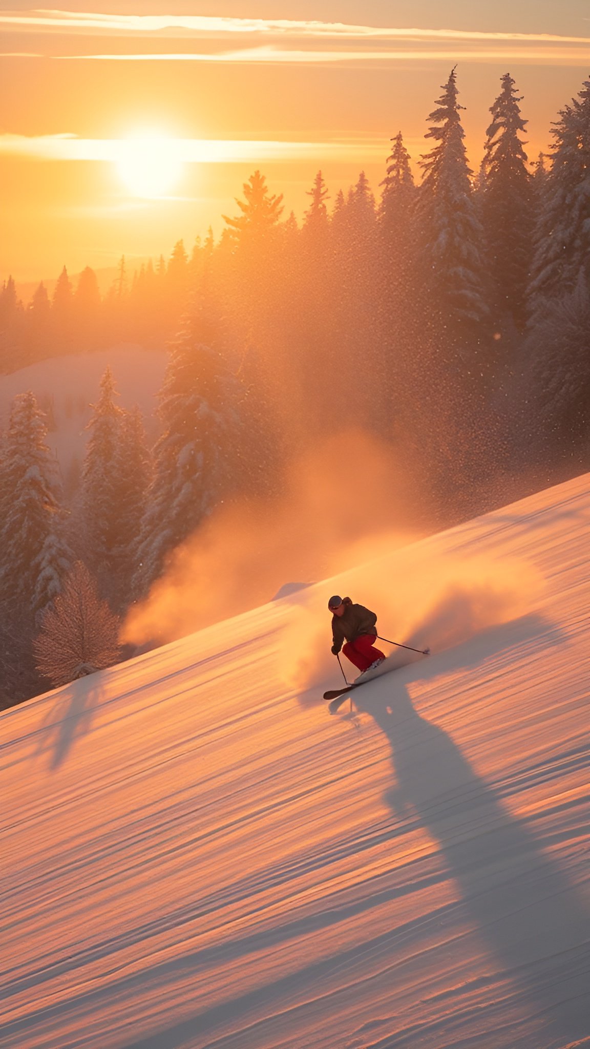 Skier carving down snowy slope at sunset with powder spray