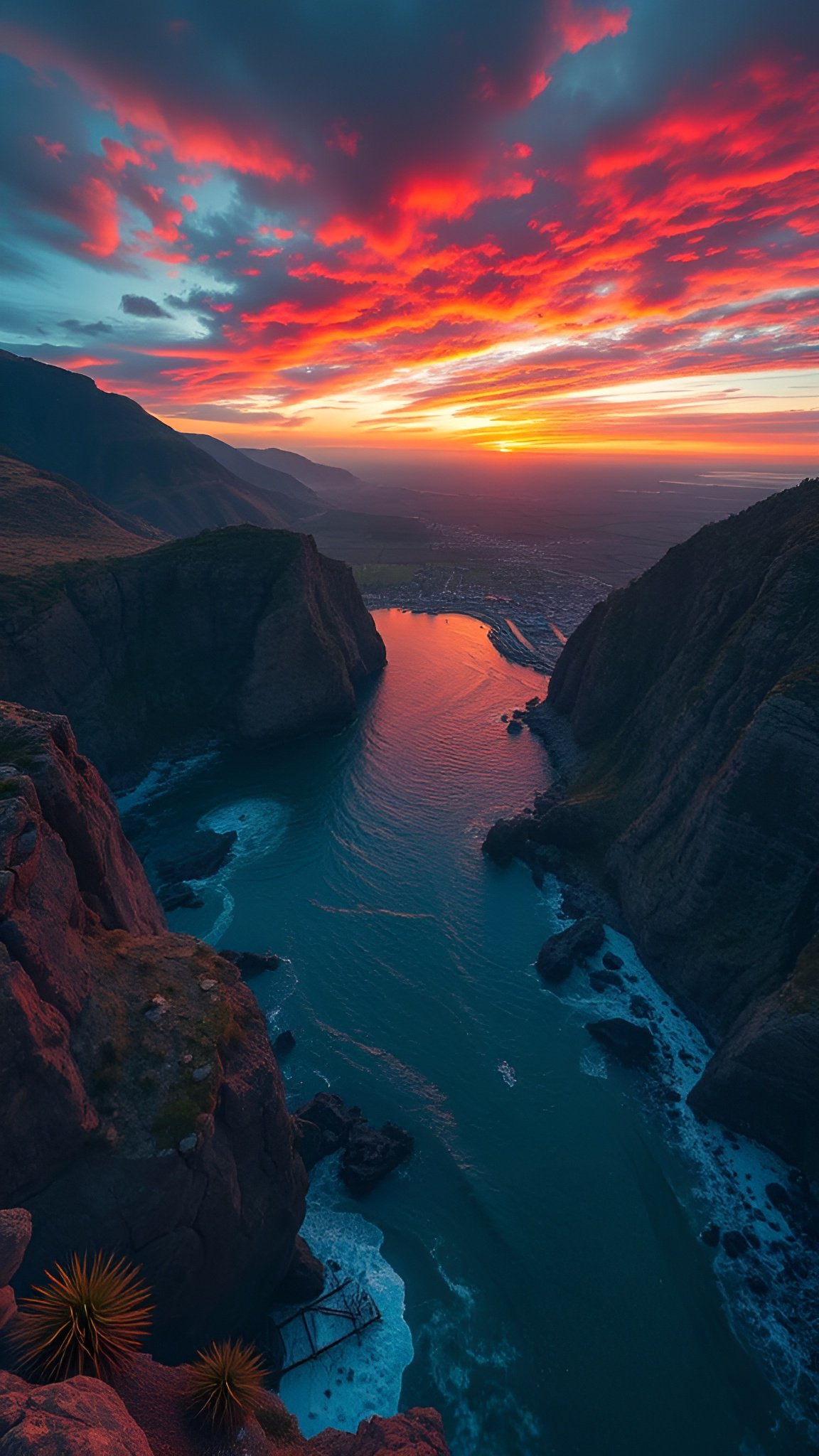 Dramatic red orange sunset over coastal cliffs and ocean bay
