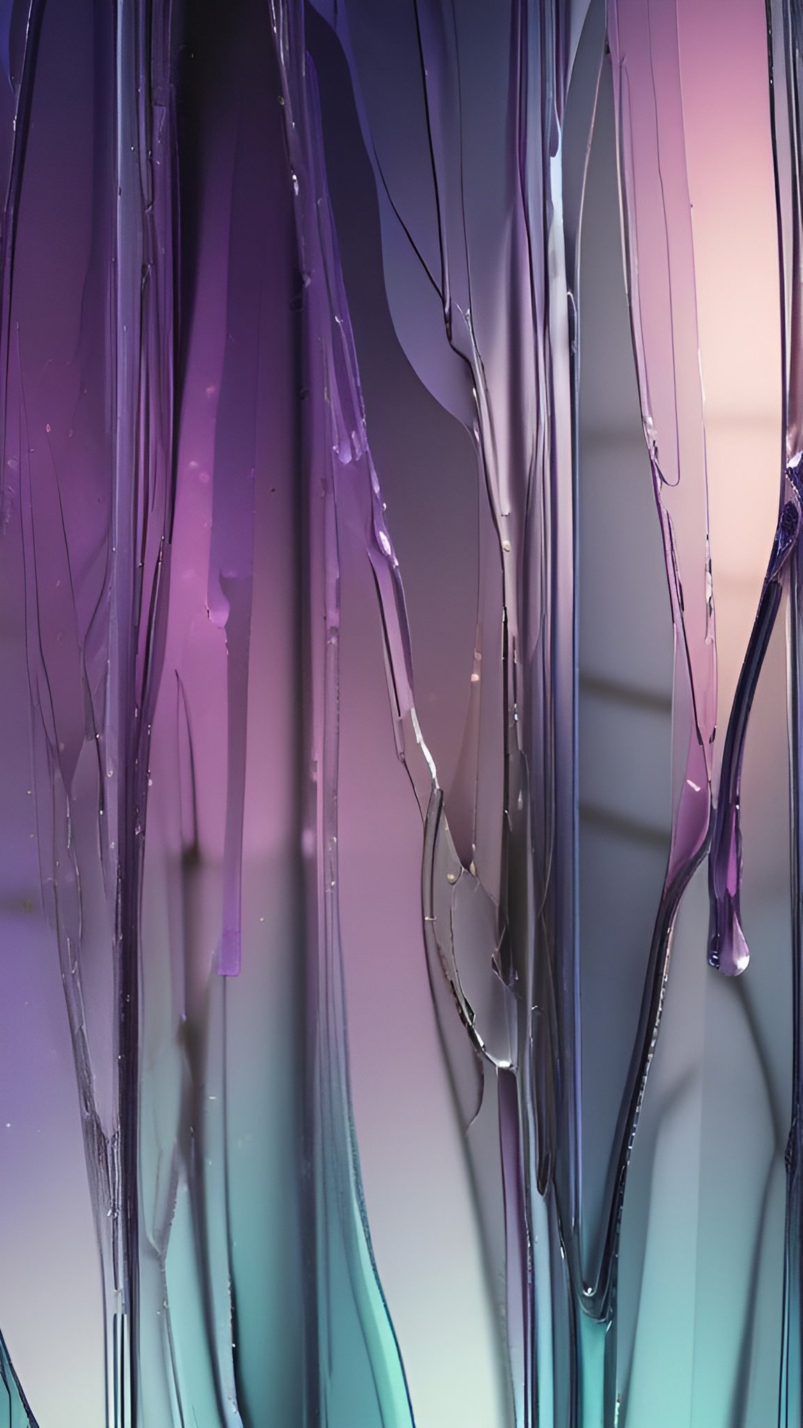 Abstract close-up of glossy dripping streaks of purple violet pink and teal glass