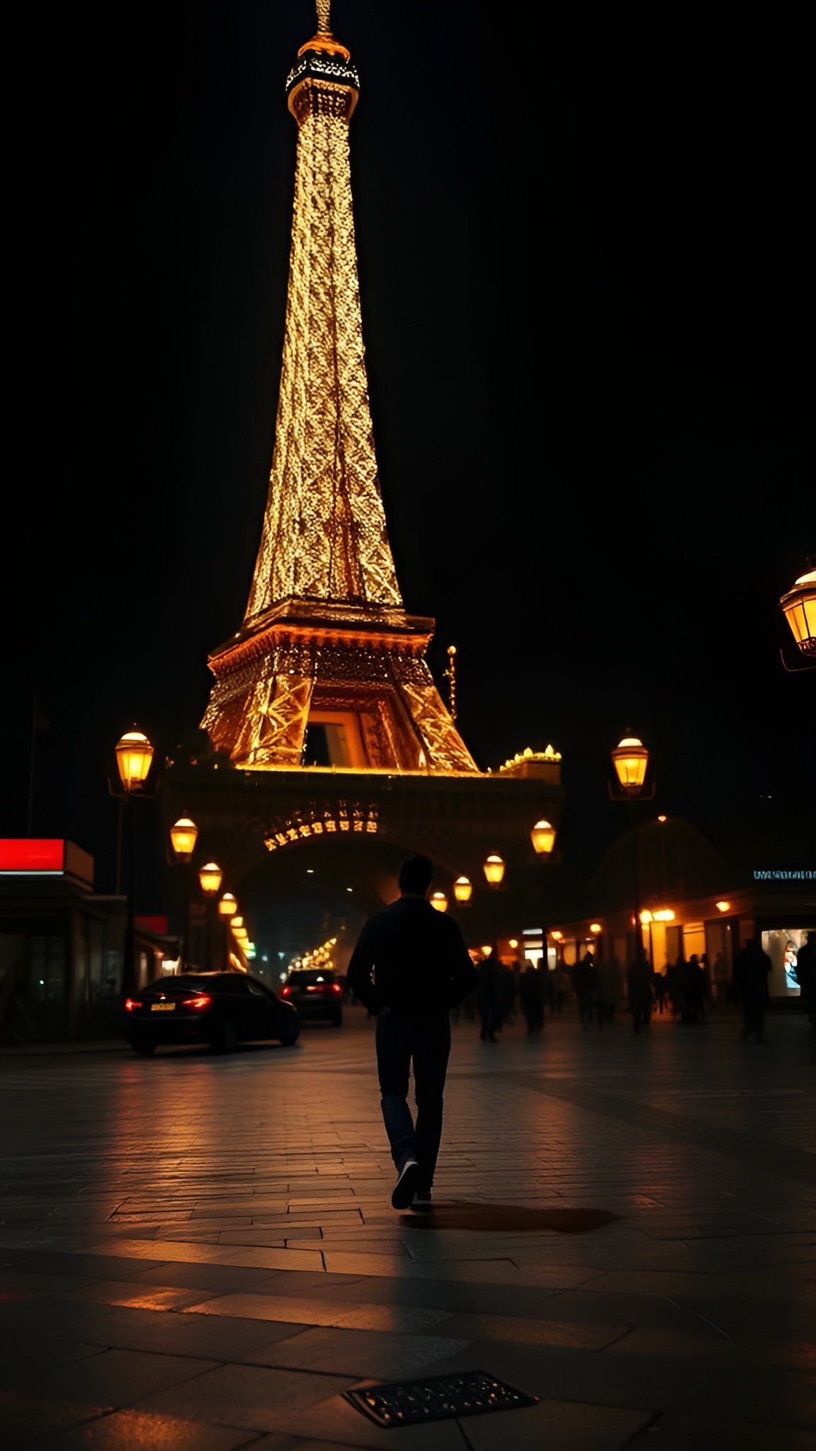 Golden-lit Eiffel Tower at night with lone person walking on wet Paris street