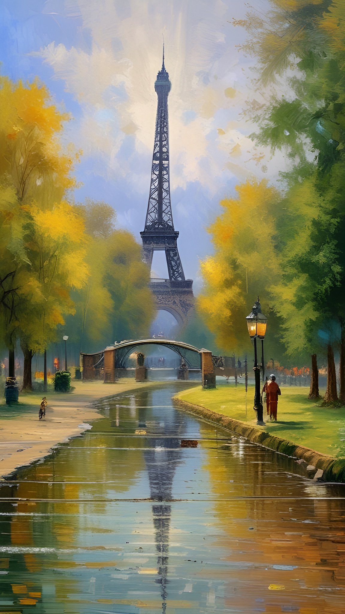 Painting of the Eiffel Tower above a canal with a stone bridge and yellow green trees