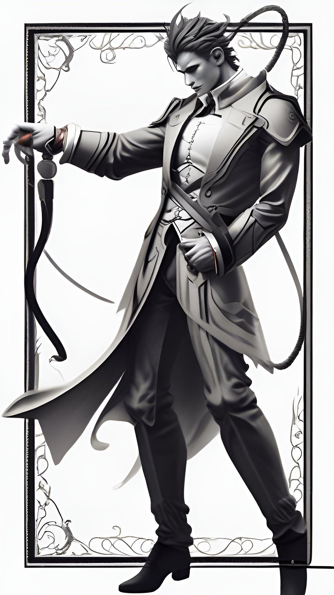 Black and white poster art drawing of an elegant male character in an artisticly drawn coat holding whip in a framed pose