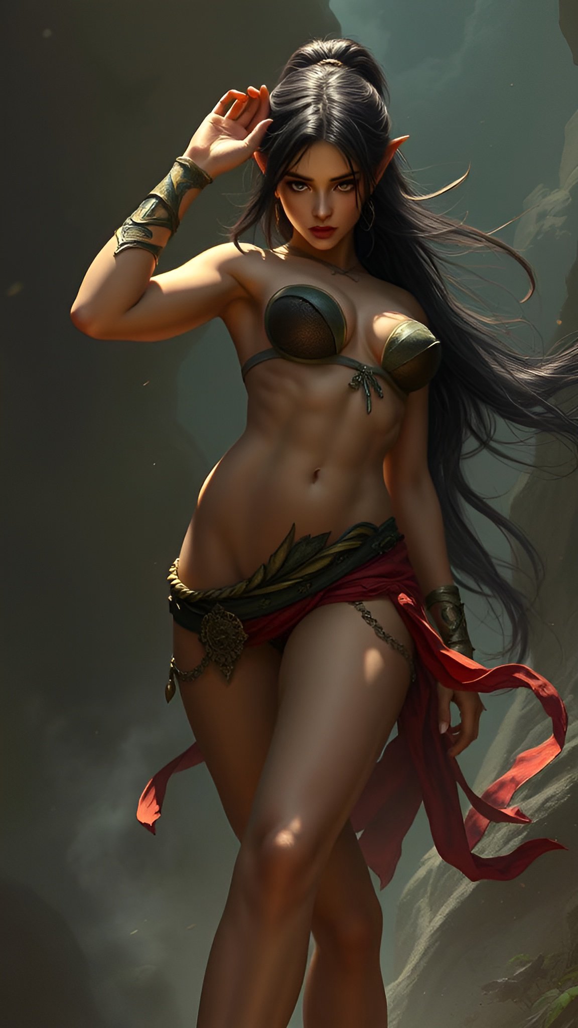 A 3d cartoon poster art of an elf woman in a green bronze top and red sash wrap among misty cave rocks