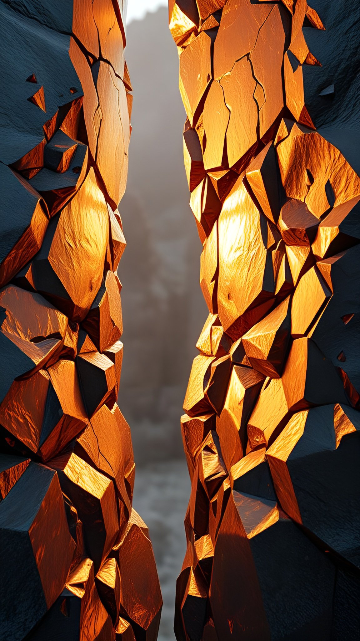 A 3d poster art of two faceted rock walls in orange and charcoal with a narrow gap and pale mist