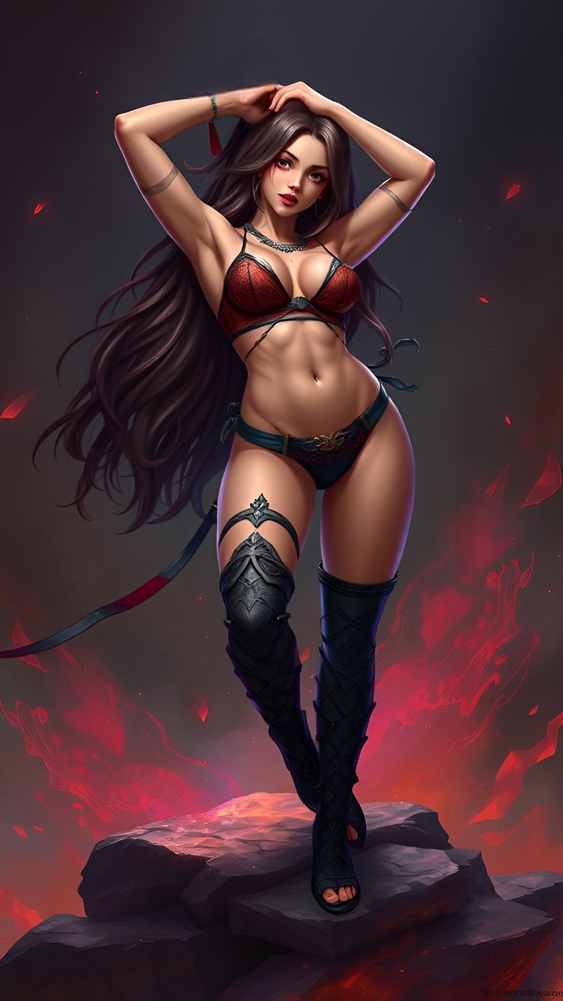 A 3d cartoon poster art of a fantasy warrior woman on dark rocks in a red top and dark teal briefs with red fire glow