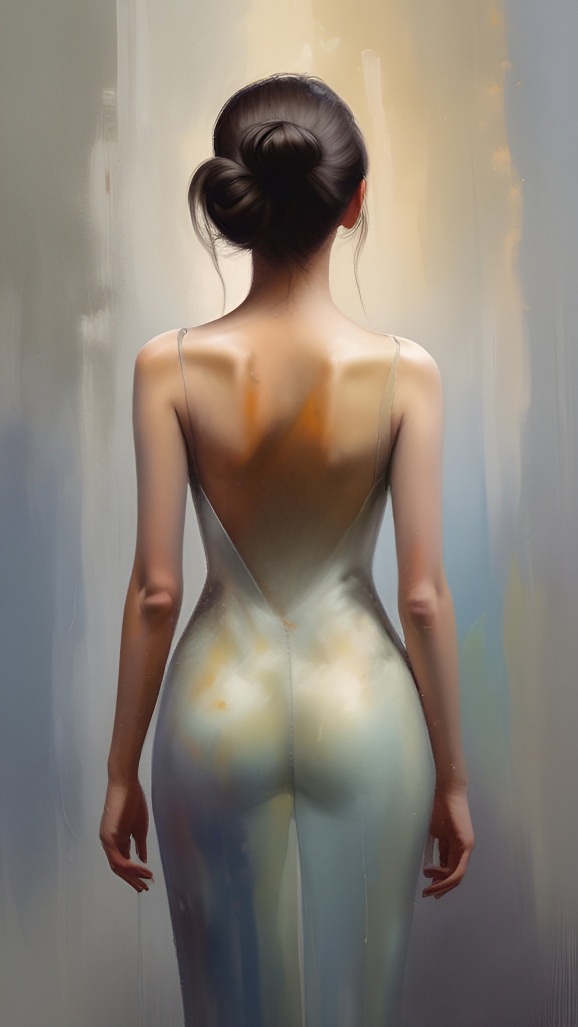 Female figure art showing back view of woman with brunette hair in bun wearing sheer backless dress