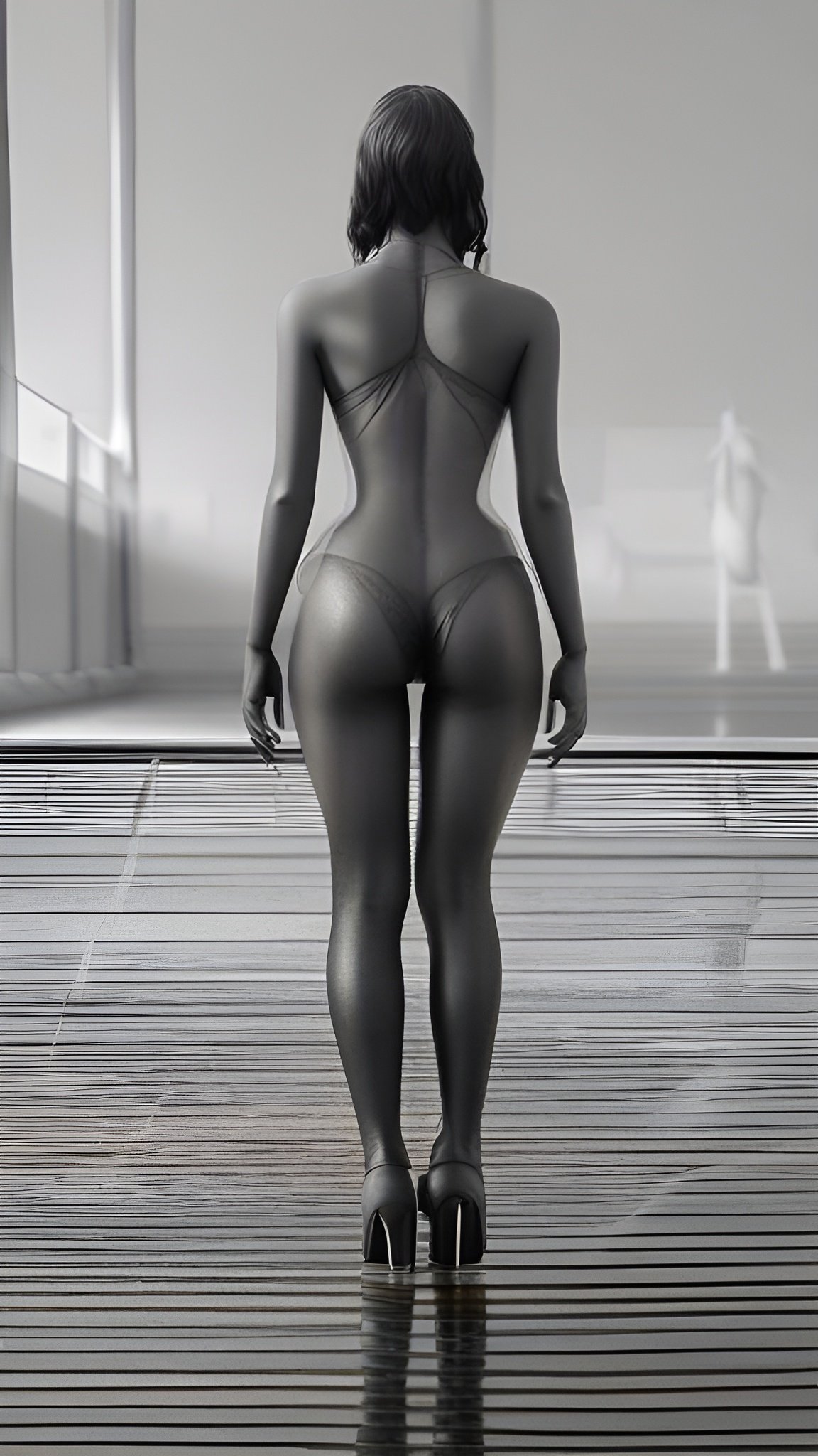 Female figure art of a woman in a gray bodysuit and heels in a studio