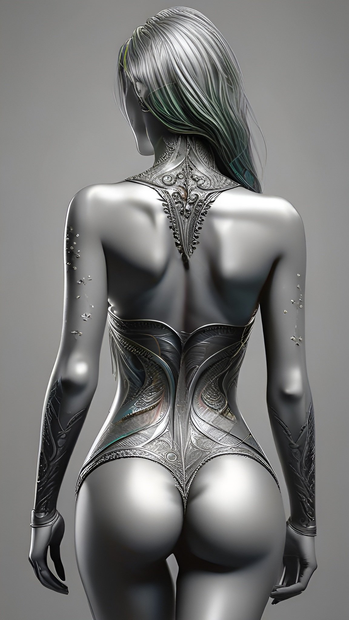 Female figure art of a woman in a silver bodysuit, seen from the back