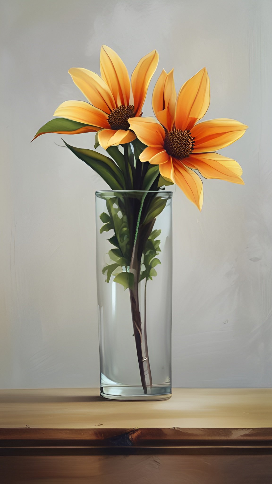Floral photograph of two orange daisy flowers in clear glass vase on wooden table