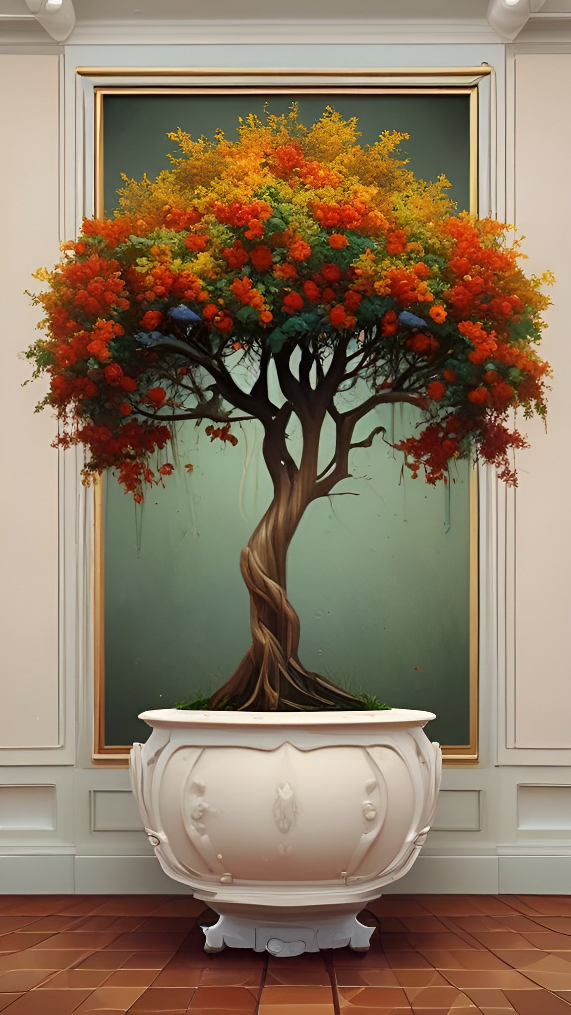 Creative photograph of vibrant orange red yellow flowering tree with twisted trunk in white ceramic pot indoors