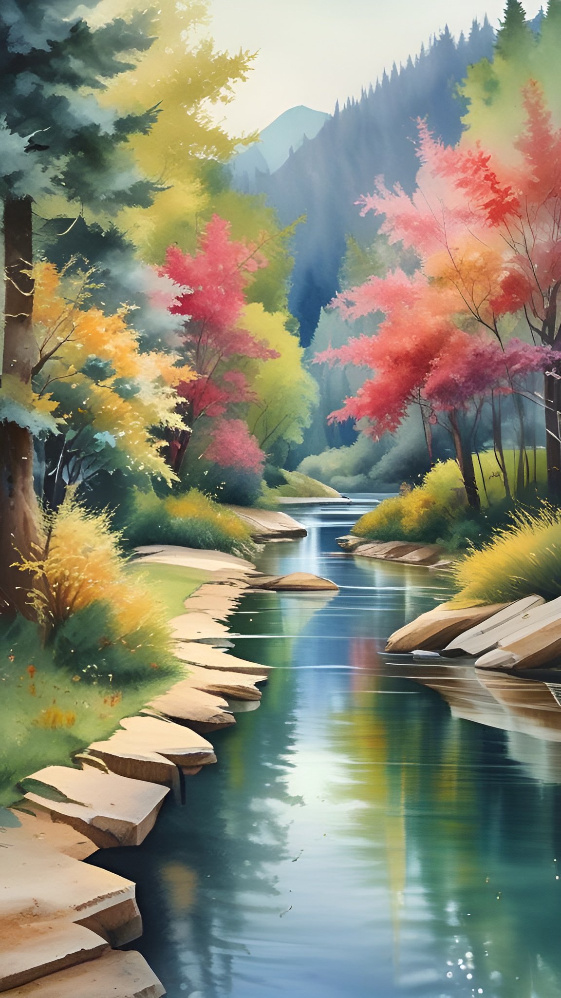 A watercolor painting style of a forest river with flat stepping stones, pink and gold trees, and far mountains in blue mist