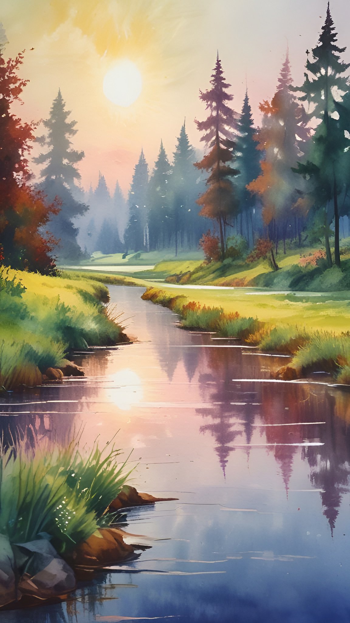 A watercolor painting style of a forest stream at sunrise with pine trees, green grass banks, brown rocks, and gold and violet water reflections