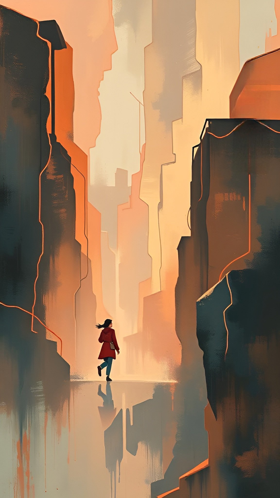 Woman in red coat walking on wet reflective street in futuristic orange city with tall buildings