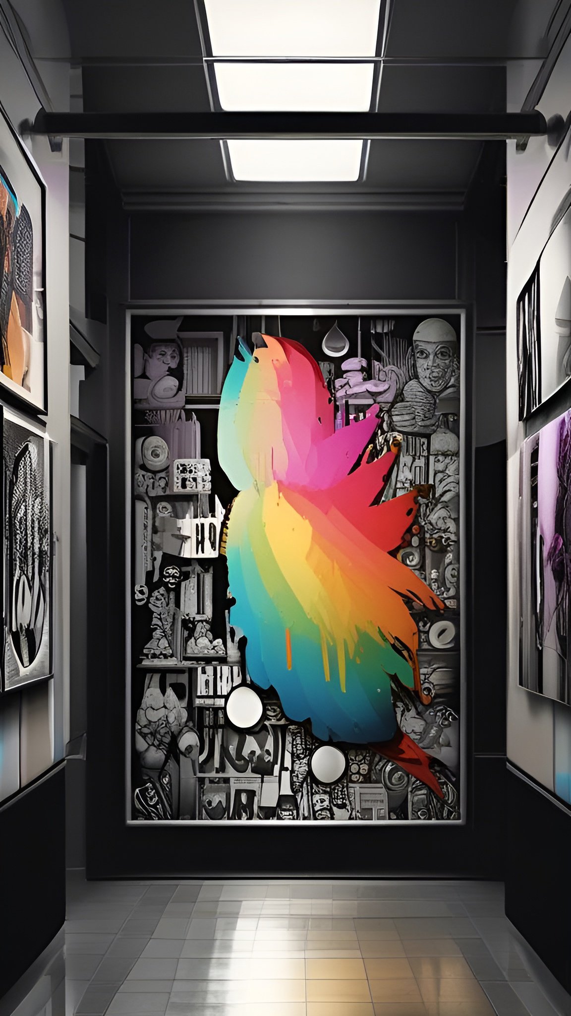 A modern art gallery hall with a framed black-and-white collage mural, a rainbow bird splash, a tiled floor, and ceiling panels