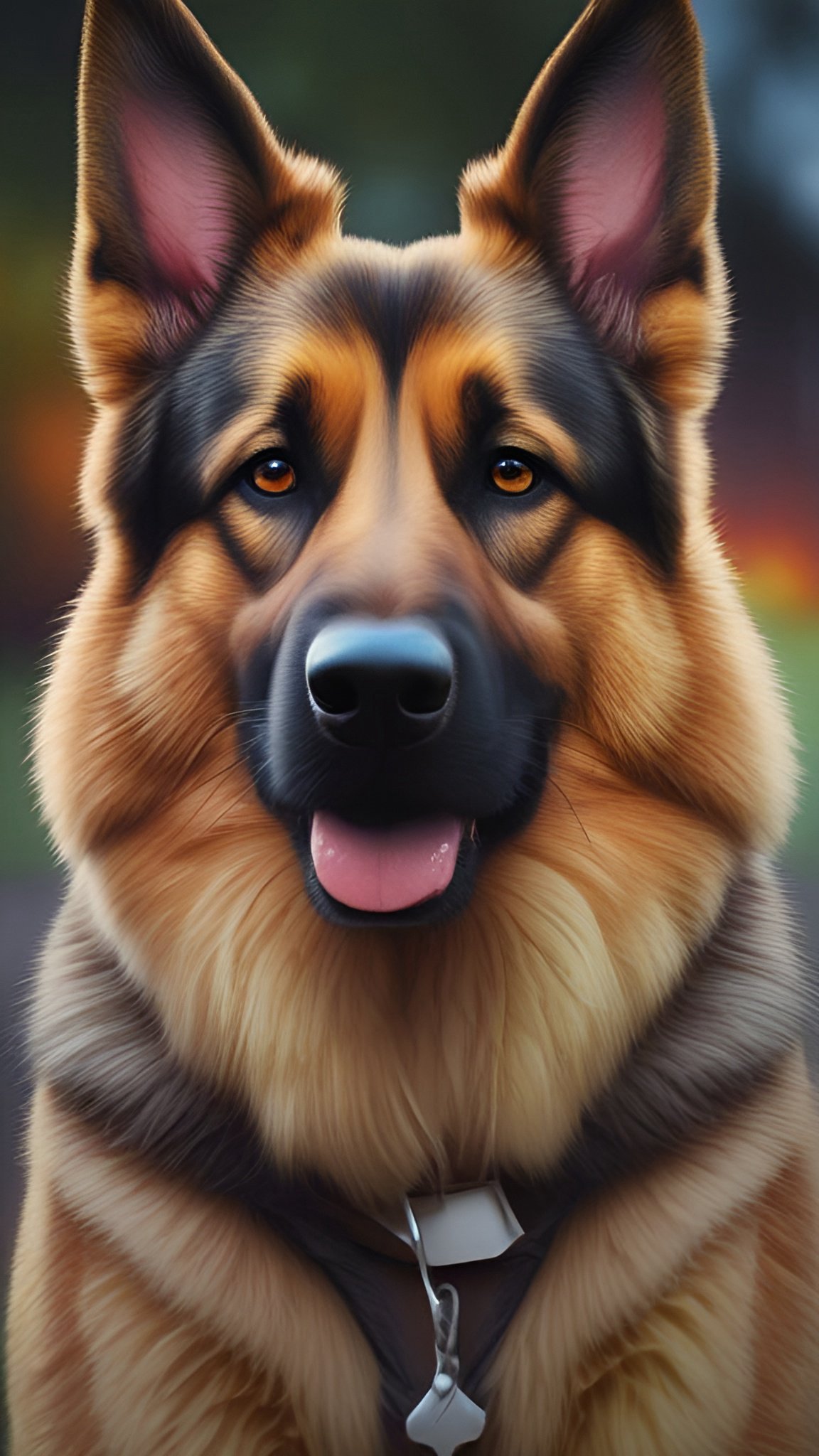 Painting close-up of a German Shepherd with amber eyes and a dark harness