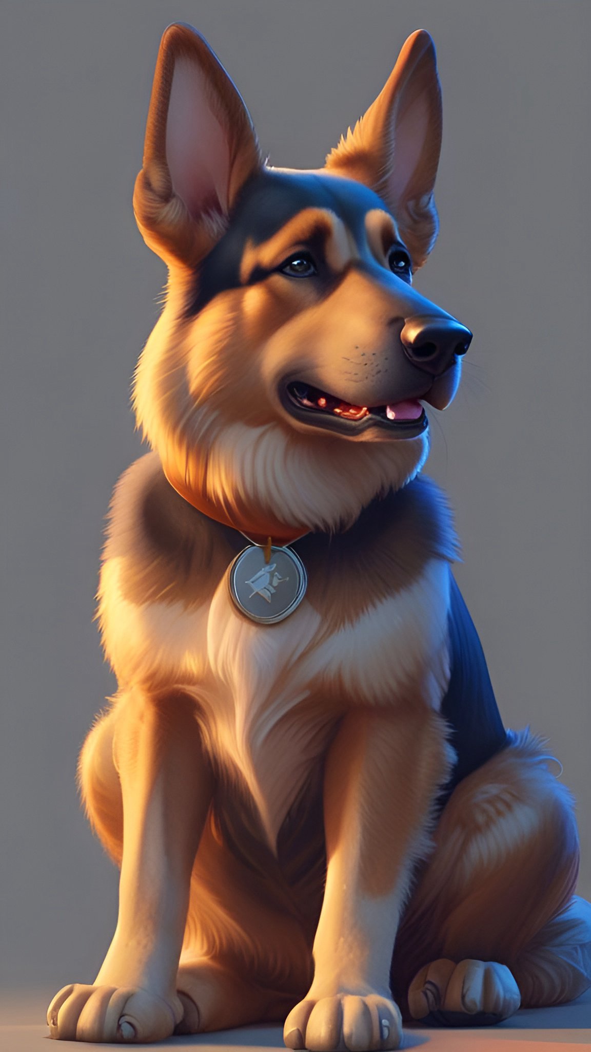 Painting of a German Shepherd sitting on a gray studio in an orange collar