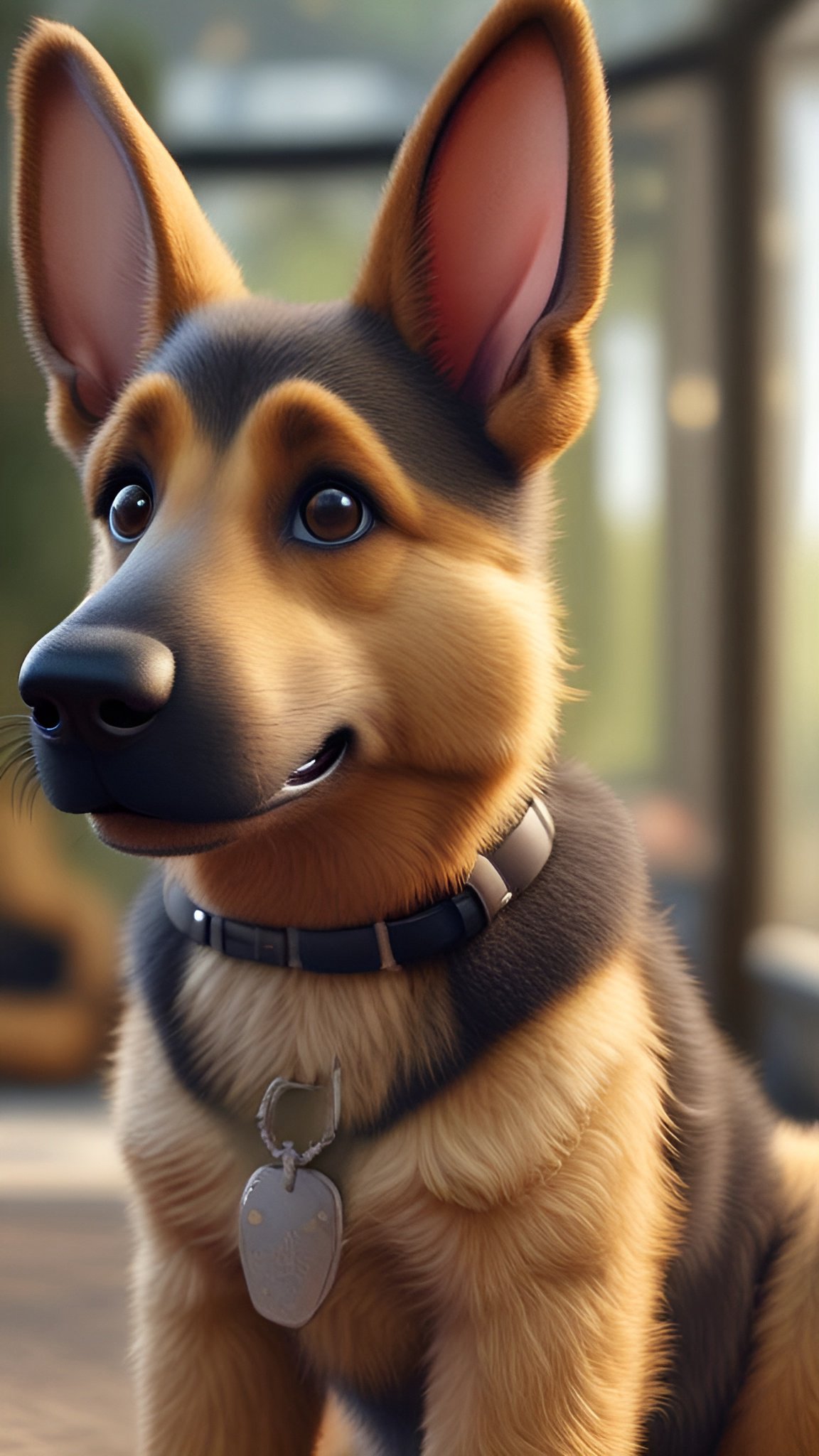 Cartoon of a German Shepherd puppy sitting indoors in a black collar