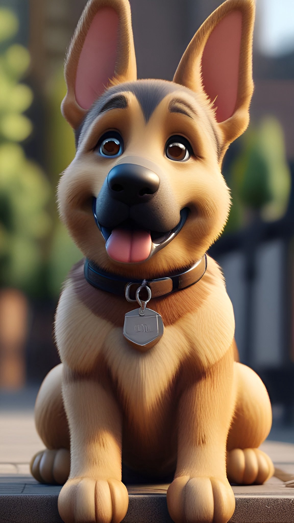 Cartoon of a German Shepherd puppy sitting on wood planks in a black collar