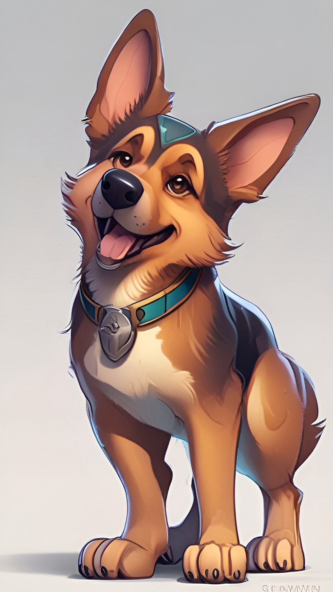 Cartoon of a German Shepherd puppy sitting with a teal collar