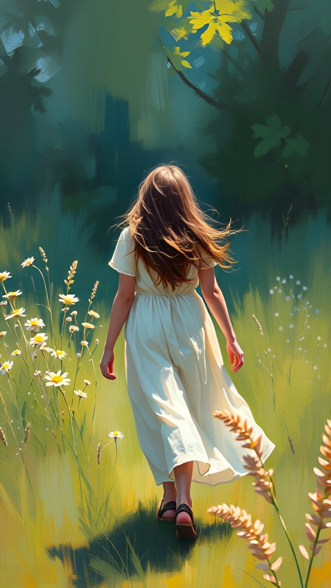 A girl in white dress walking through wildflower meadow