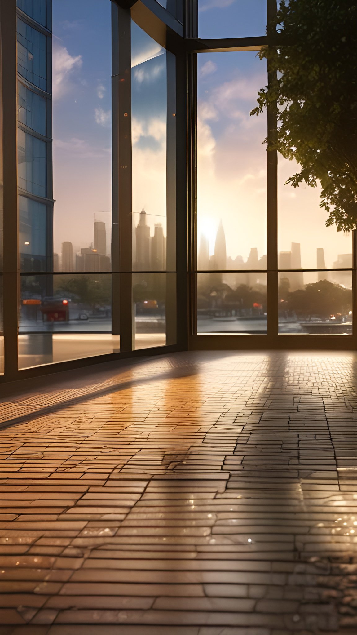 Photo from a glass lobby of a Kuala Lumpur-style skyline at sunset