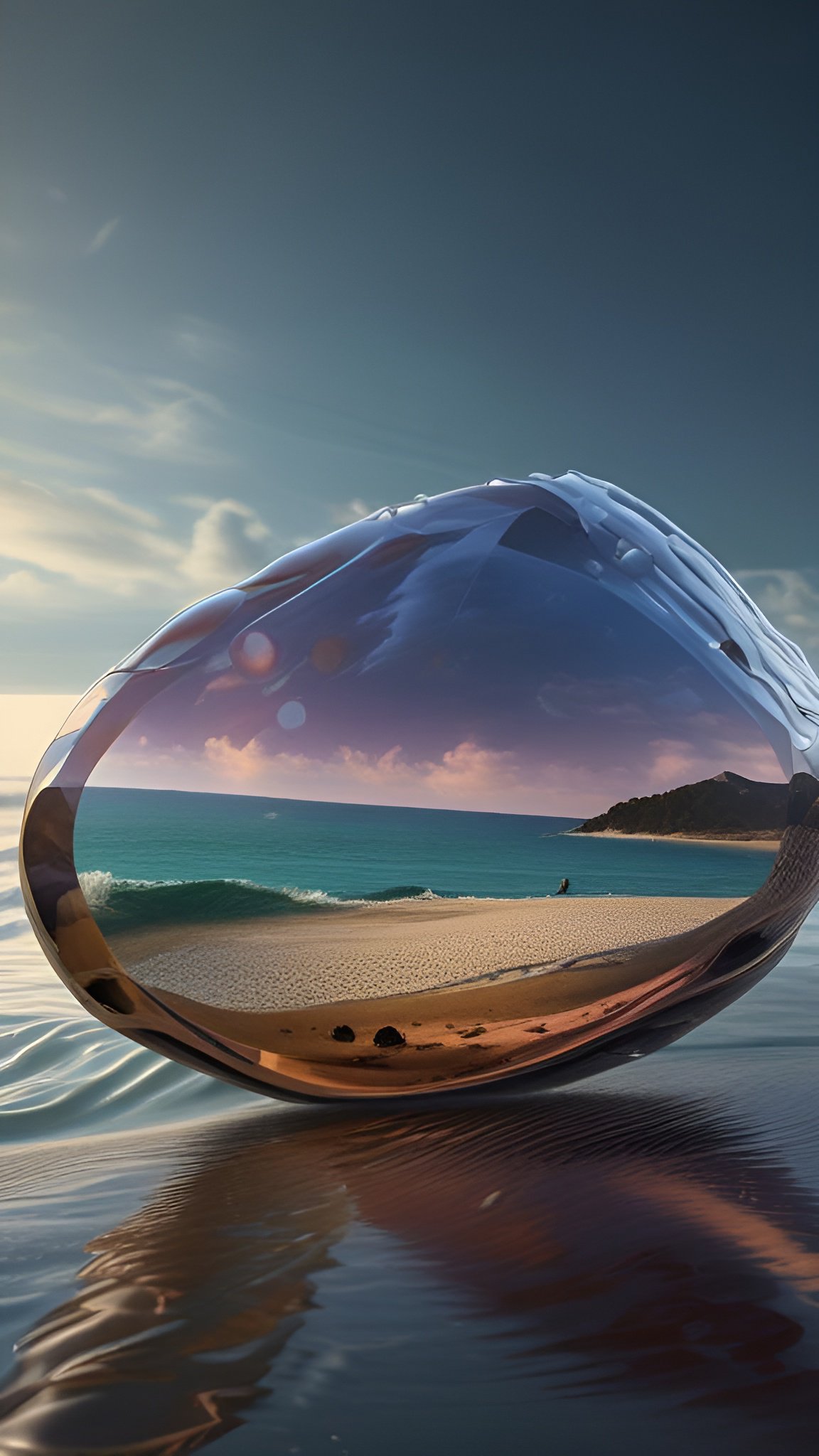 A creative photograph of a glass orb on wet sand holding a beach view of teal ocean and a coastal hill