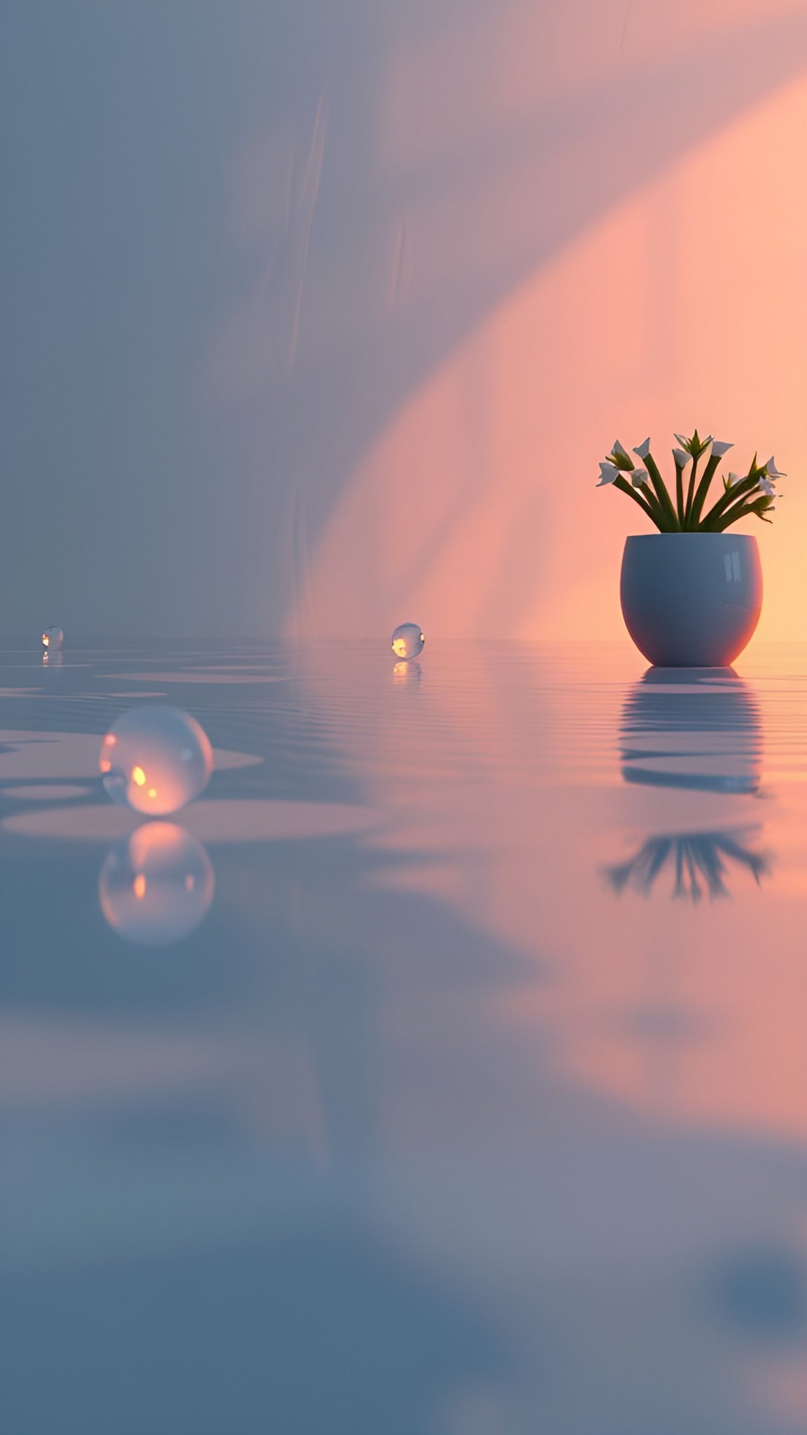 Creative photograph of glass spheres on reflective surface with potted white flowers in blue vase under pink orange light