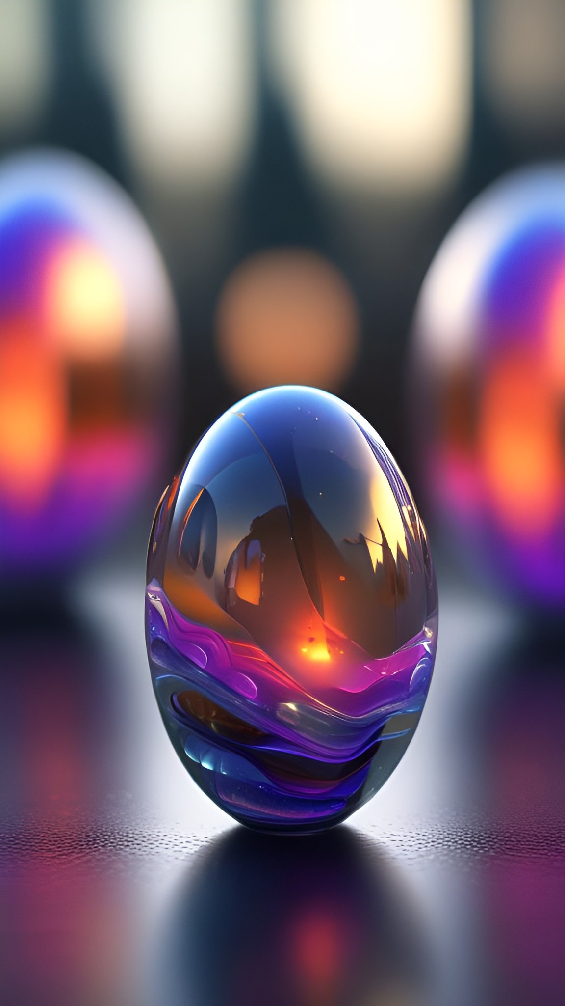 A 3d poster art of a glossy glass egg in blue purple and amber on a dark table with two more eggs behind it