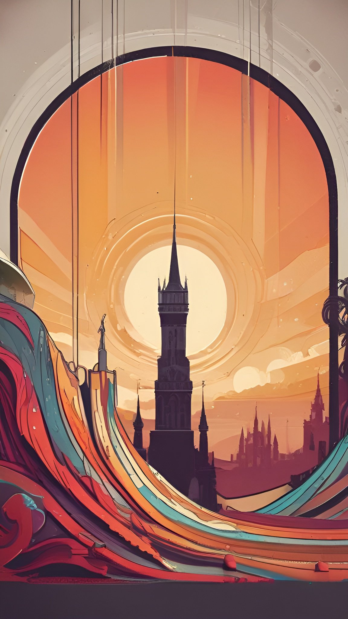 Abstract art of gothic tower in european city viewed through circular window with an orange colorful theme and forms in a fantasy castle landscape