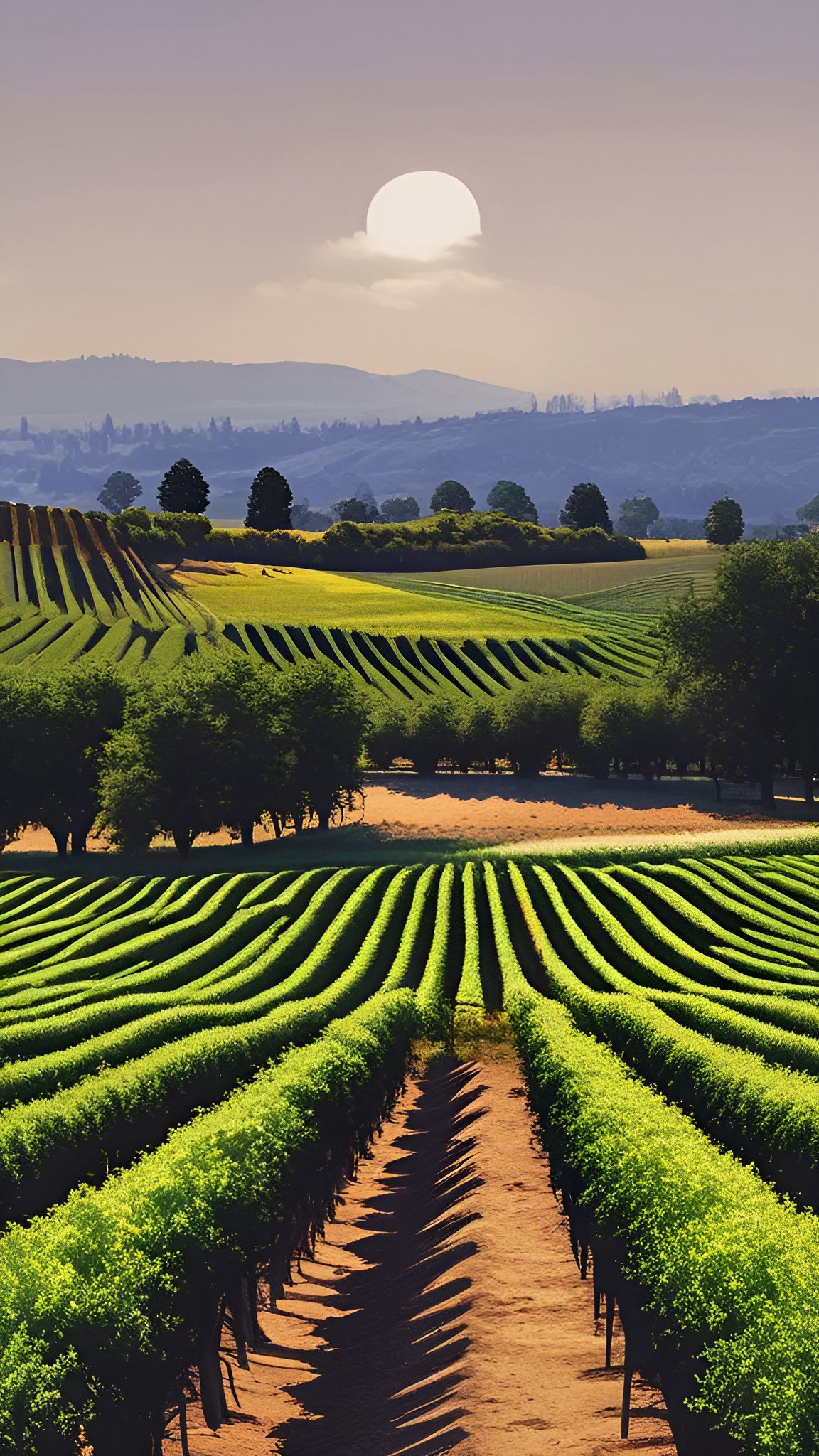 Photo of neat green grapevine rows and a dirt path with rolling hills and a pale sun