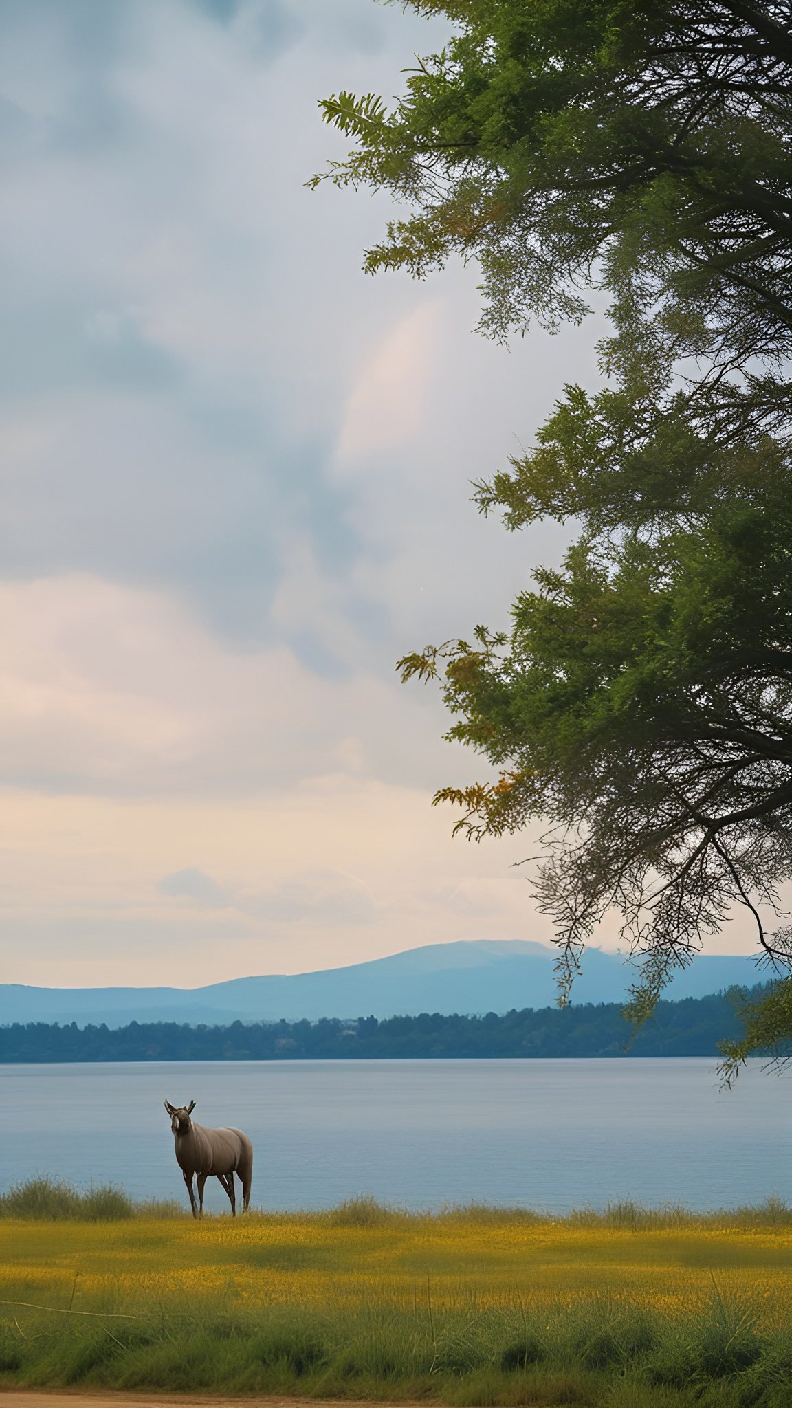 A nature photograph of a gray horse in a yellow wildflower meadow beside a calm blue lake and distant mountains