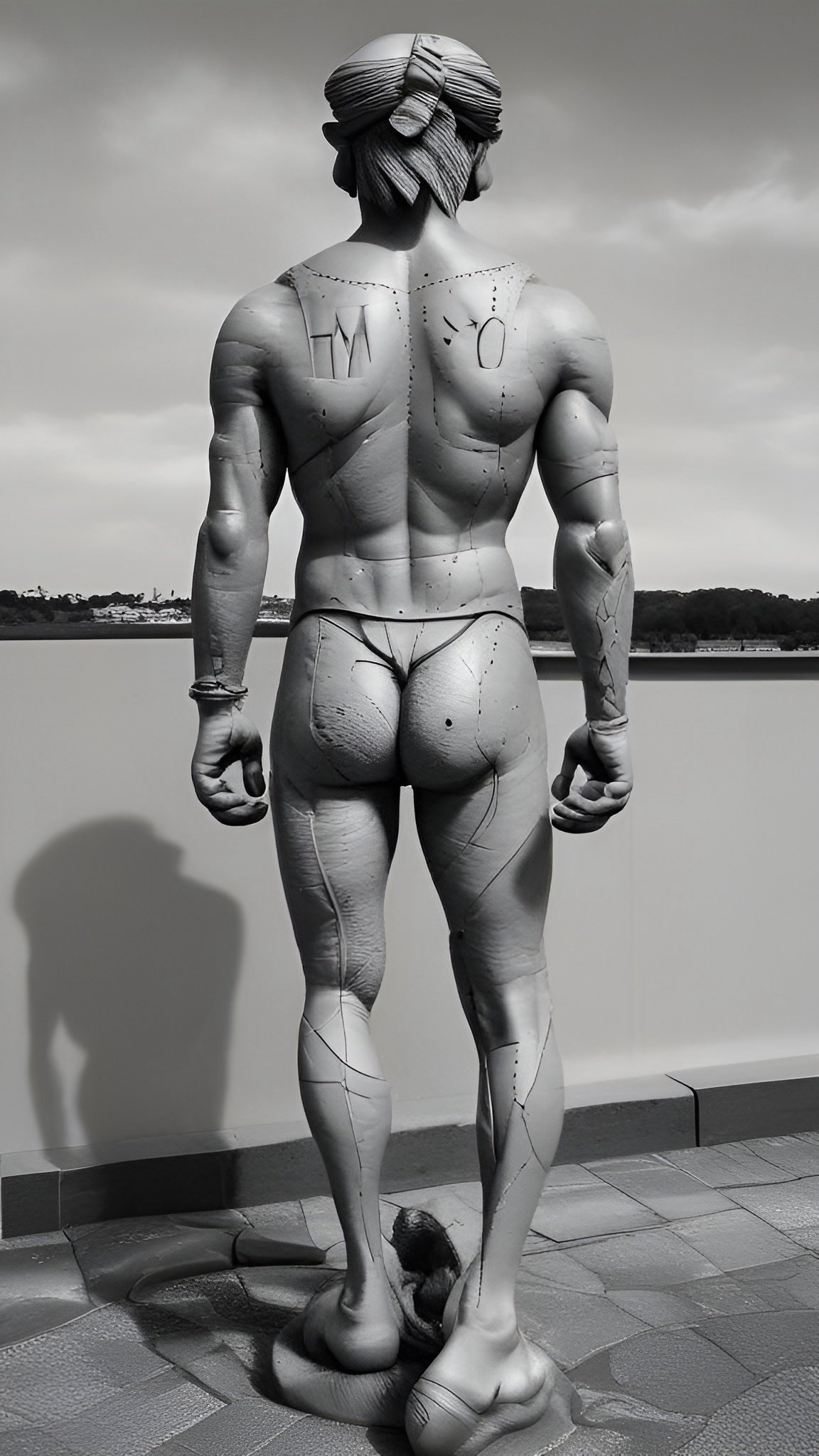 Black and white photo of a gray statue of a man from behind on a terrace