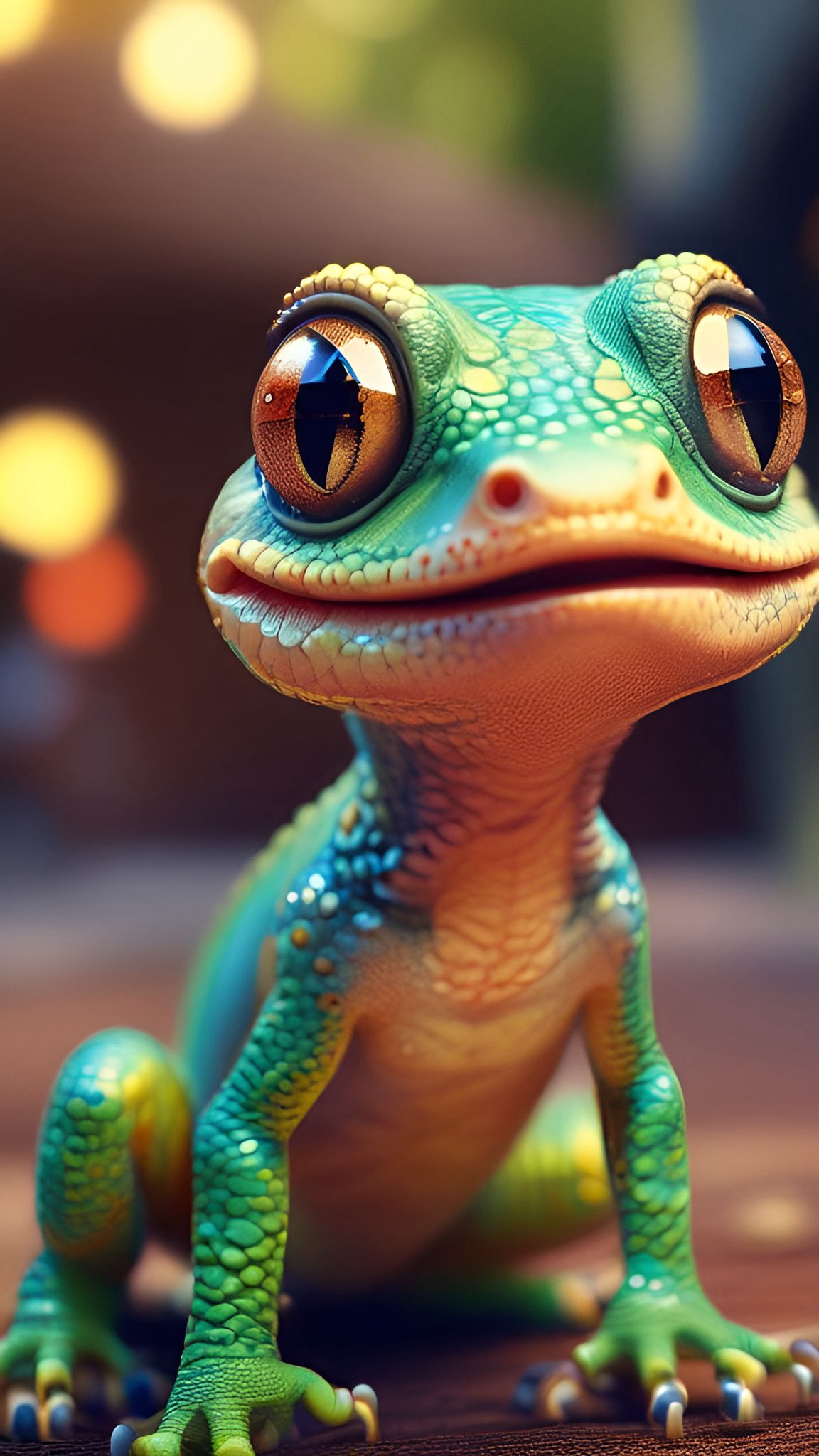 Cartoon of a green gecko sitting on wood with oversized amber eyes and a cream belly