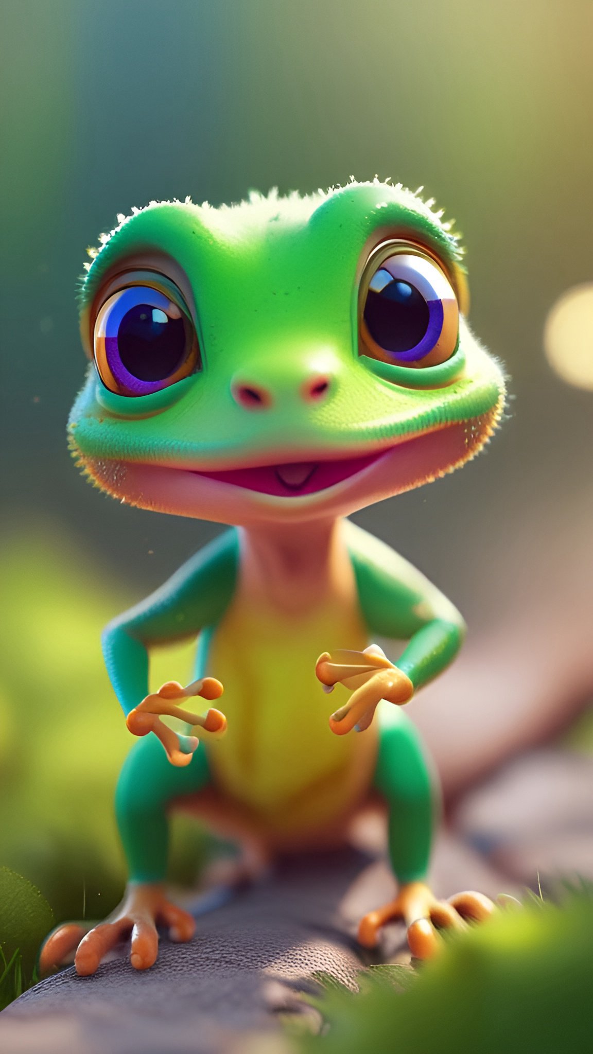 Cartoon image of a green gecko with a yellow belly and orange toes